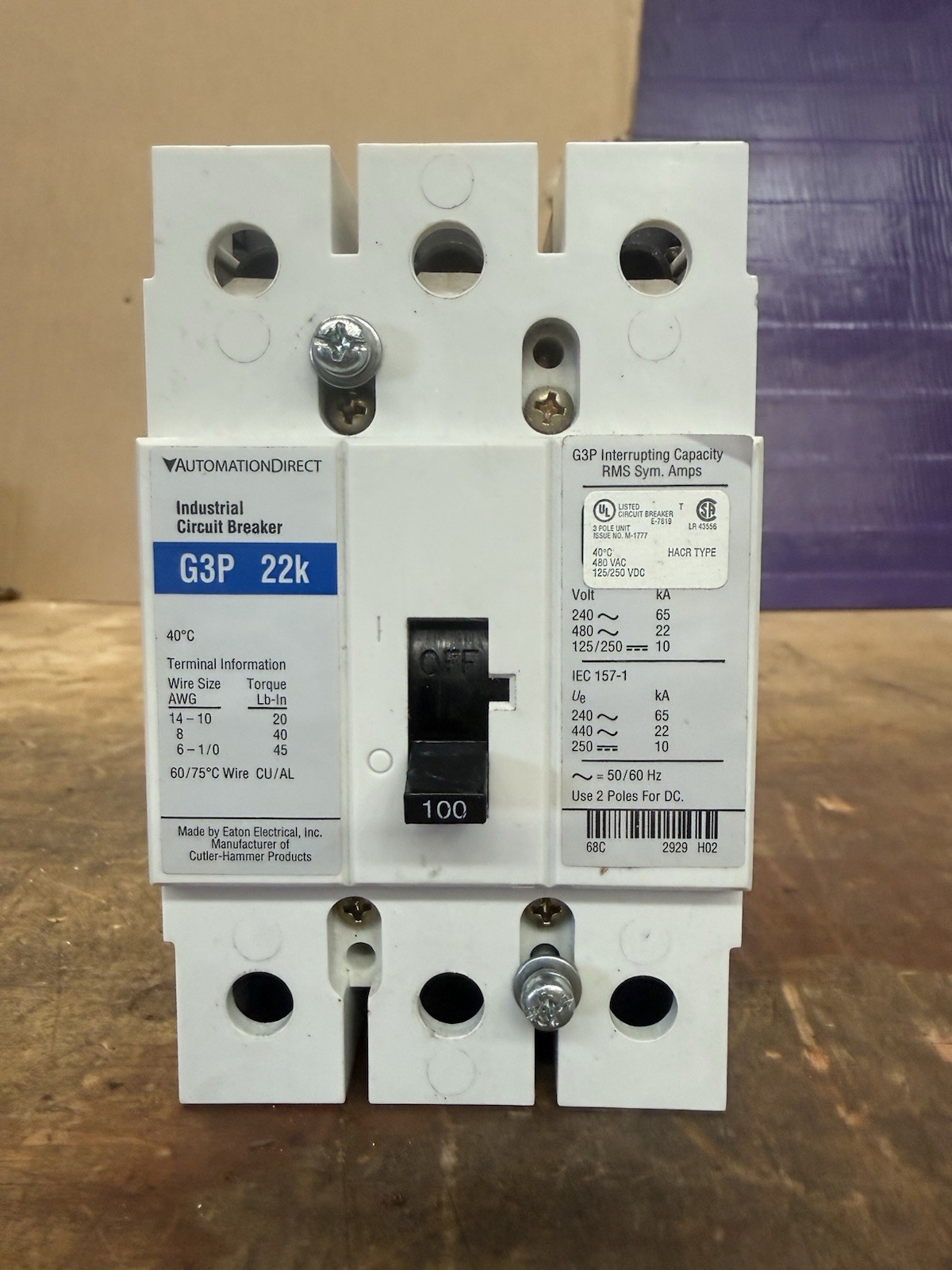 Automation Direct, G3P 22k 100Amp, Industrial Circuit Breaker, 100Amps, 3 Poles