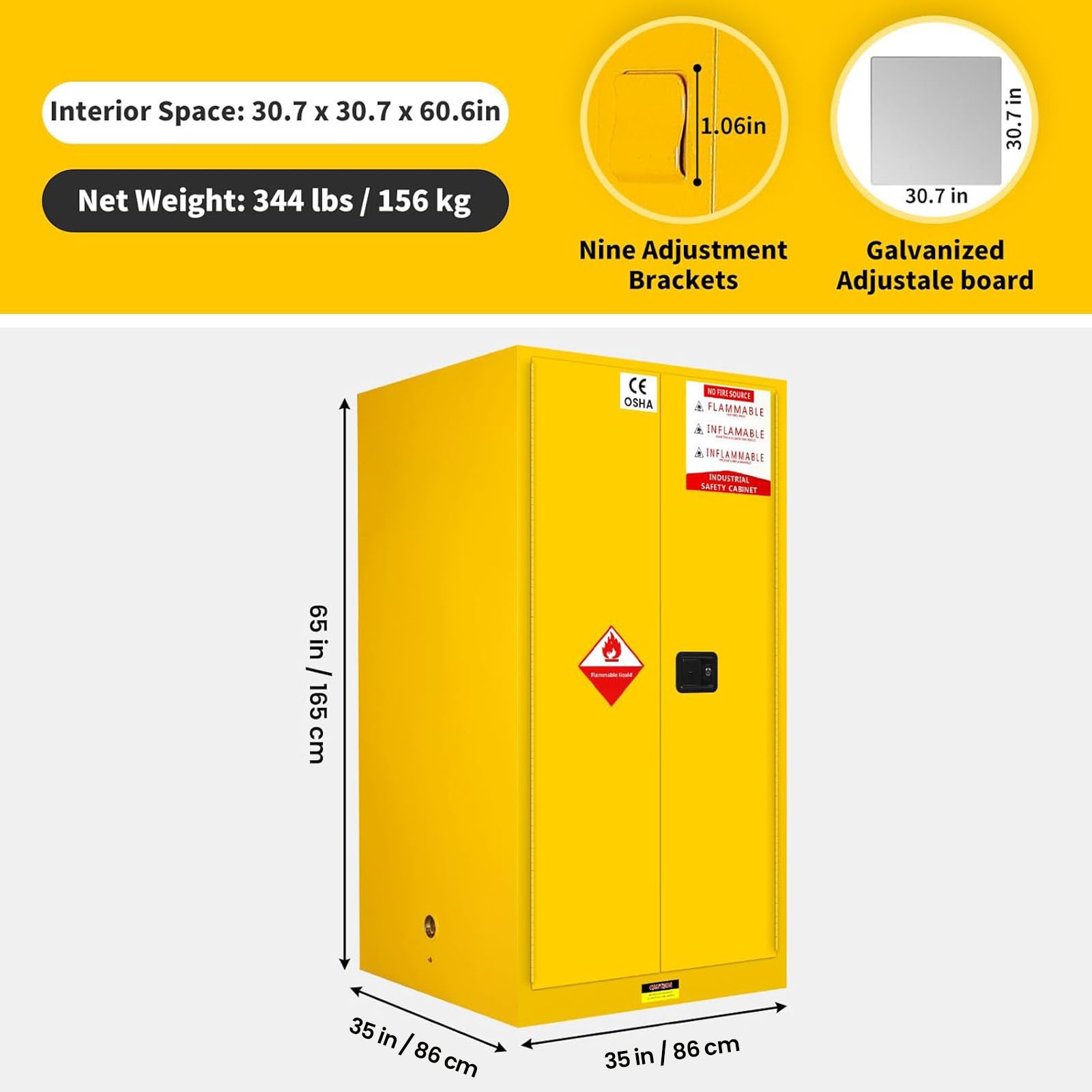 90 Gal Flammable Liquid Storage Cabinet 35»×35»×65» Fireproof Safety Cabinet