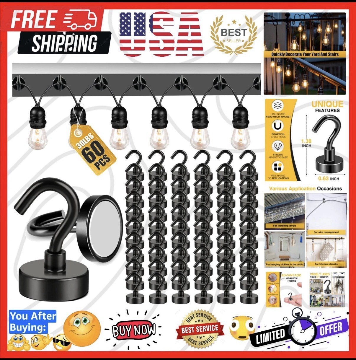 60PCS Neodymium Steel Magnetic Hook Magnets Black 1.38 in x 0.63 in Base 30+ lbs