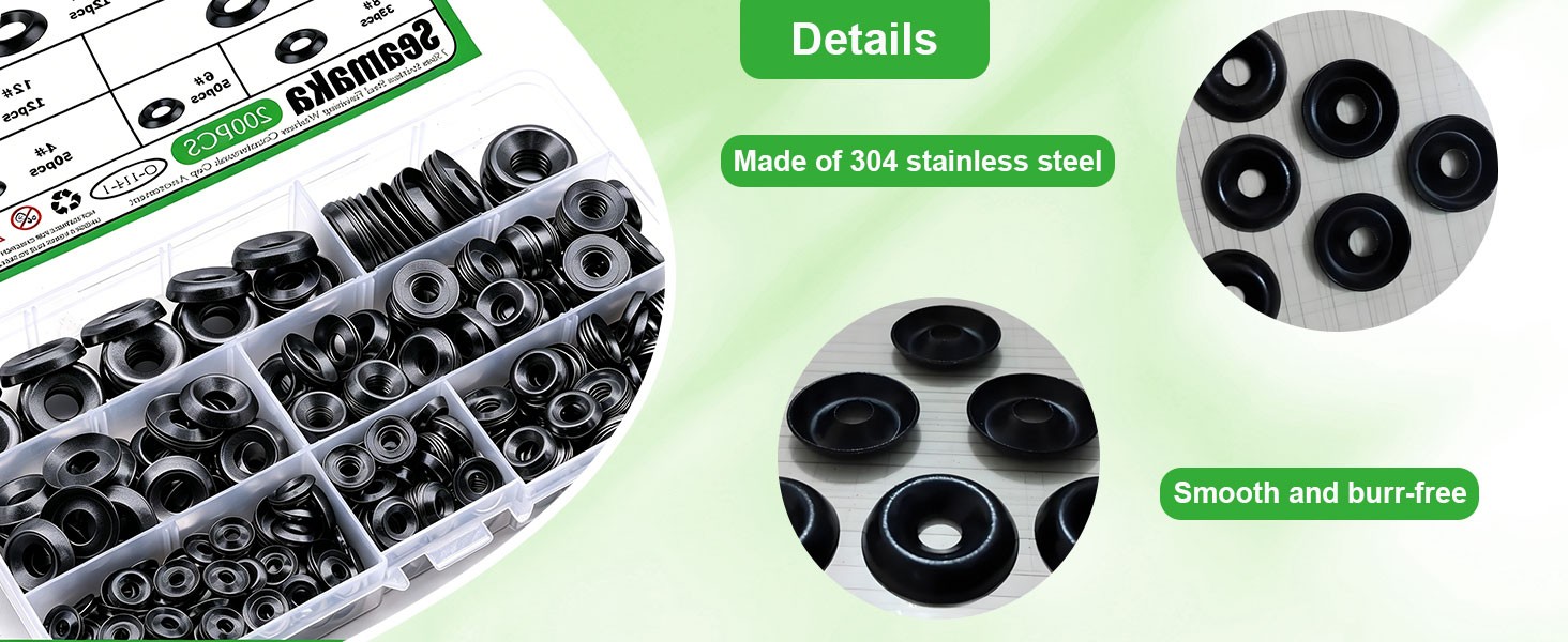200 Pcs Black Finish Washers 7 Sizes 304 Stainless Steel Finishing Washers