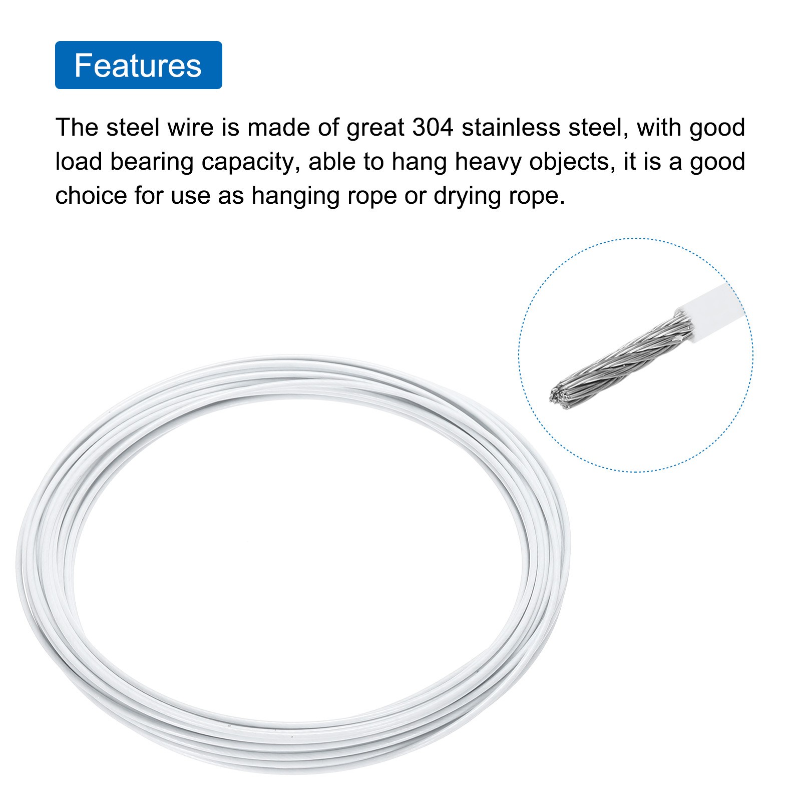 33Ft(10M) Wire Rope 304 Stainless Steel 1/16″ (1.5 mm) with 2Pcs Sleeve White