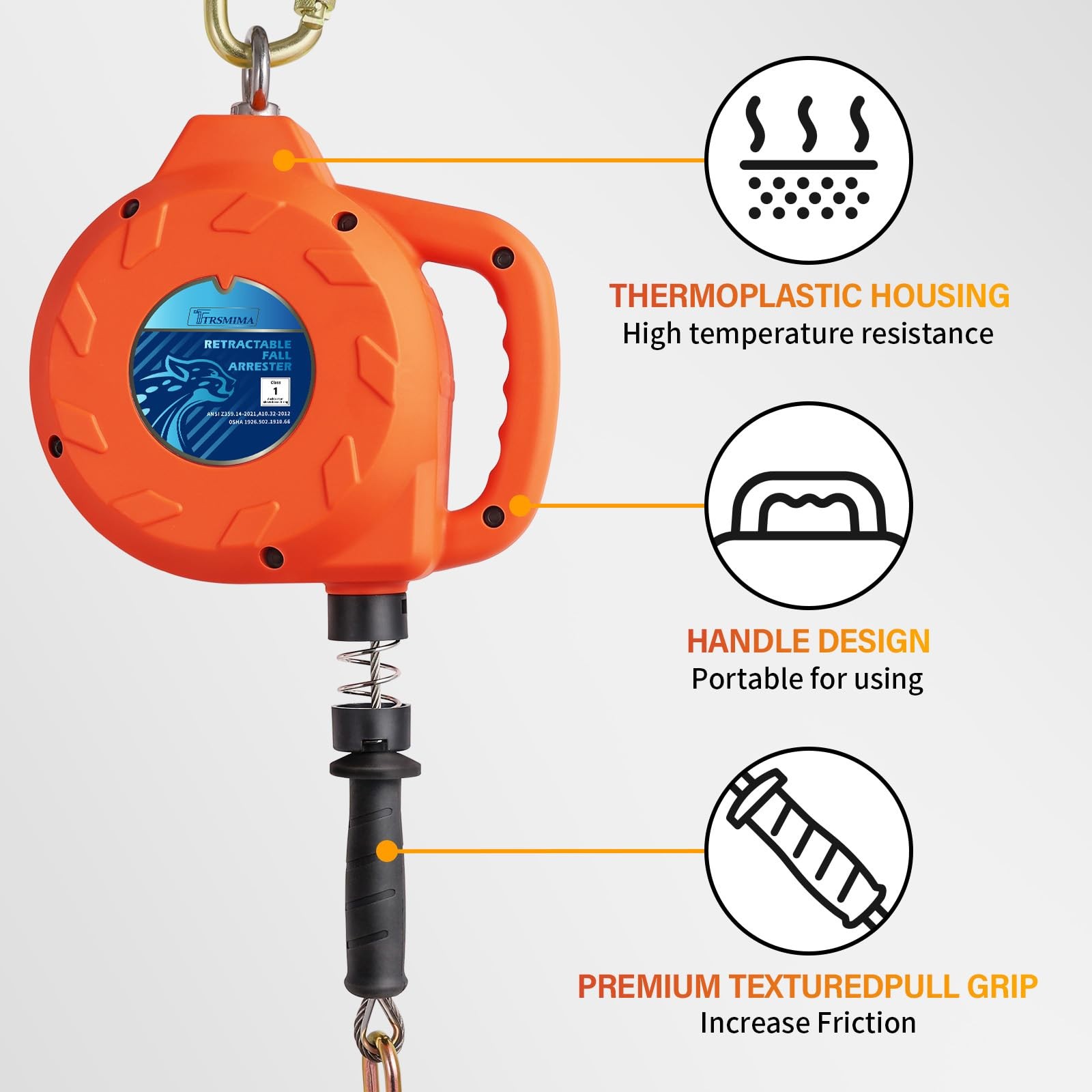 TRSMIMA Fall Protection Retractable Lanyard – 20ft 20ft, ORANGE