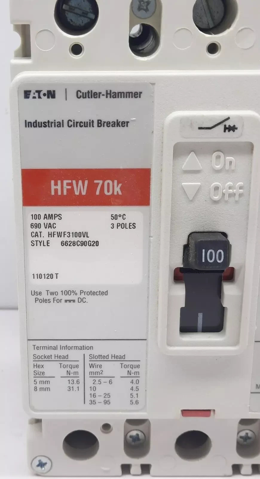 CUTLER HAMMER HFWF3100VL3 POLE 100 AMPS HFW 70K CIRCUIT BREAKER 690VAC