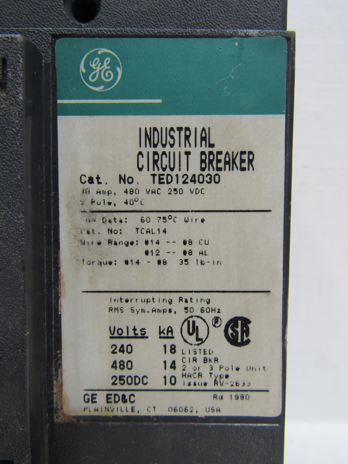 GE General Electric TED124030 30 Amp 480V 2-Pole Circuit Breaker 30A 2P 250VDC