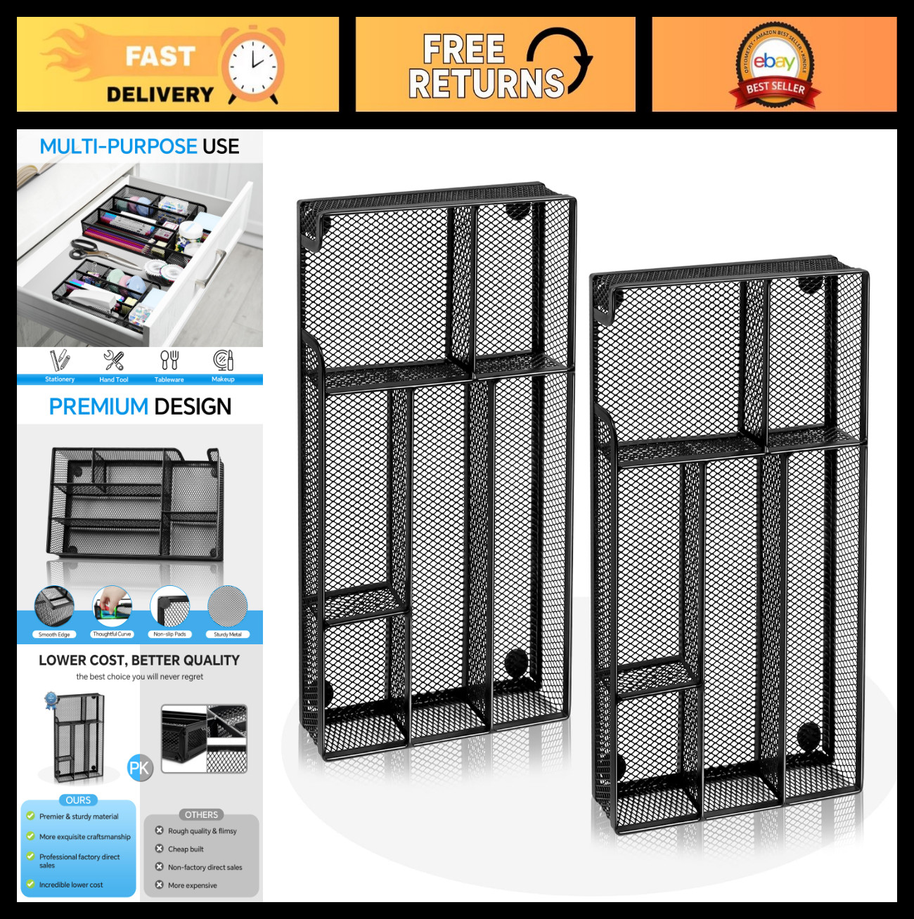 6-Compartment Desk Drawer Organizer Tray – Metal Mesh Office & Kitchen Storage S