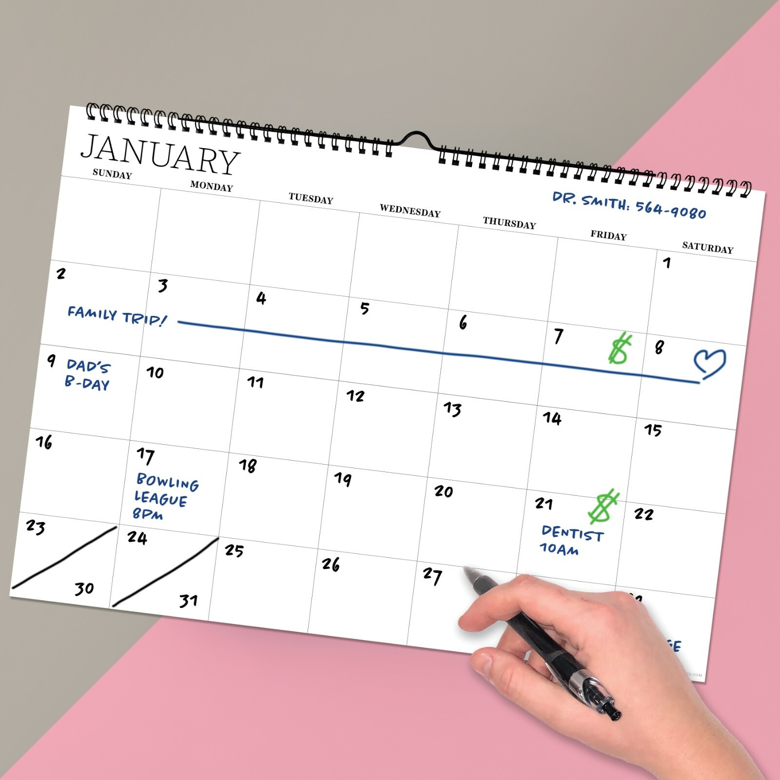 Undated 17″ x 12″ Dry Erase Medium Wire-o Hanging Horizontal Wall Calendar