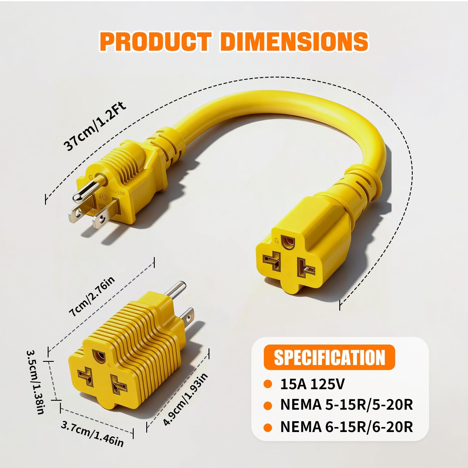 4-in-1 15 Amp to 20 -1ft Extension Cable&Power Adapter， T 1 ft, Yellow