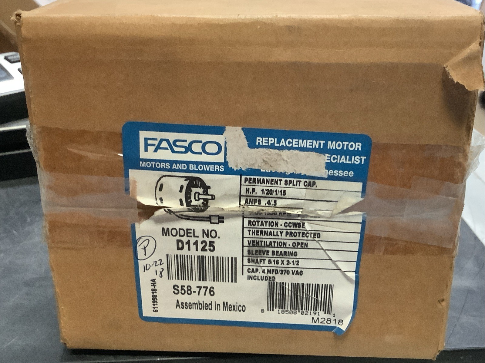 Fasco D1125 Motor, 1/20/1/15HP, 208-230V, 50/60Hz, 1440/1550RPM, Type:U90B1