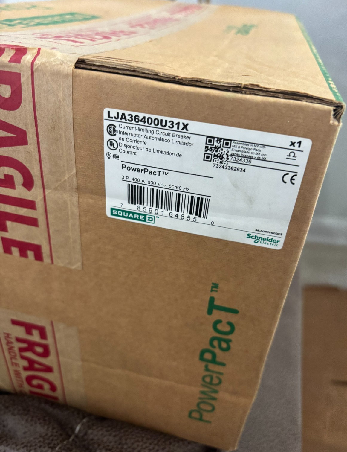 Sealed Pre-owned Square D LJA36400U31X PowerPact LJ 400 Circuit Breaker 400A