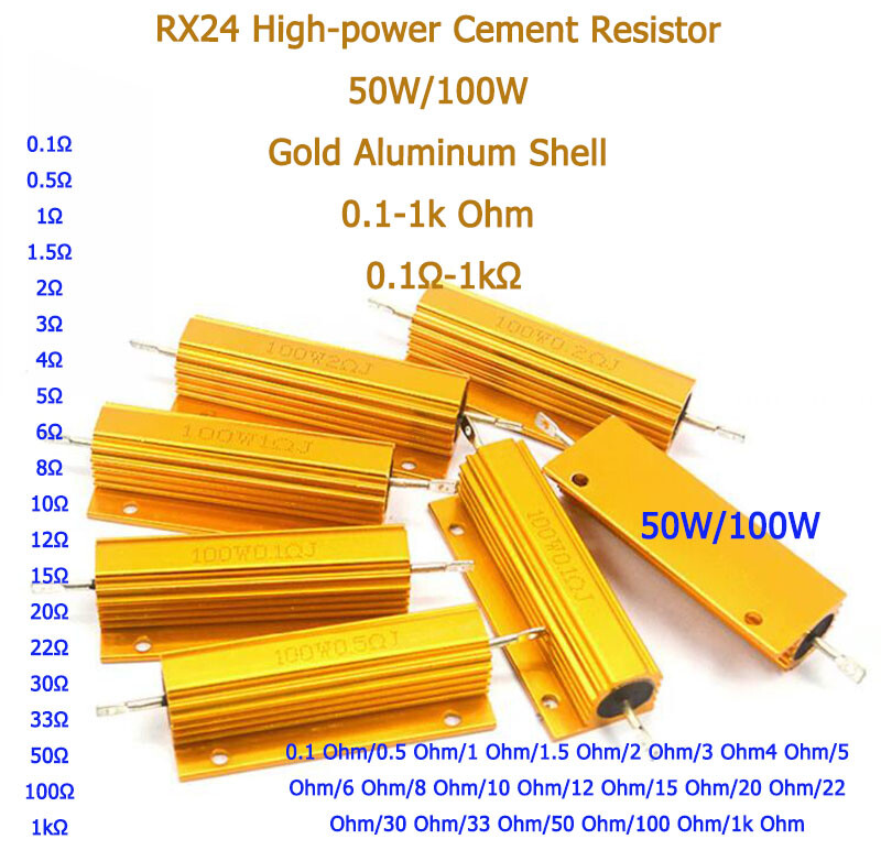 RX24 High-power Cement Resistor 50W/100W Gold Aluminum Shell 0.1-1k Ohm 0.1Ω-1kΩ