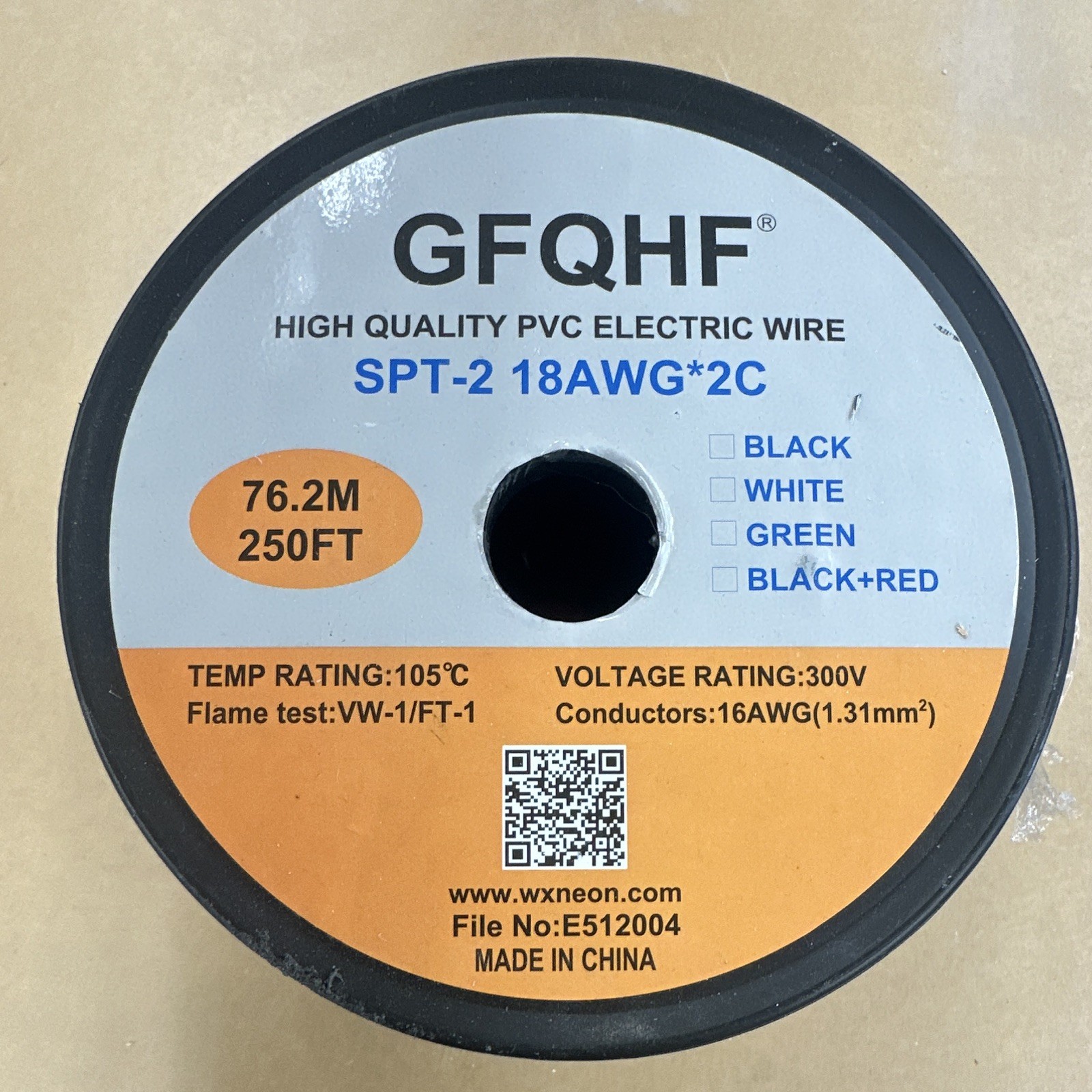 GFQHF SPT-2 18AWG 2C Stranded Copper PVC Wire Black 250ft 300V