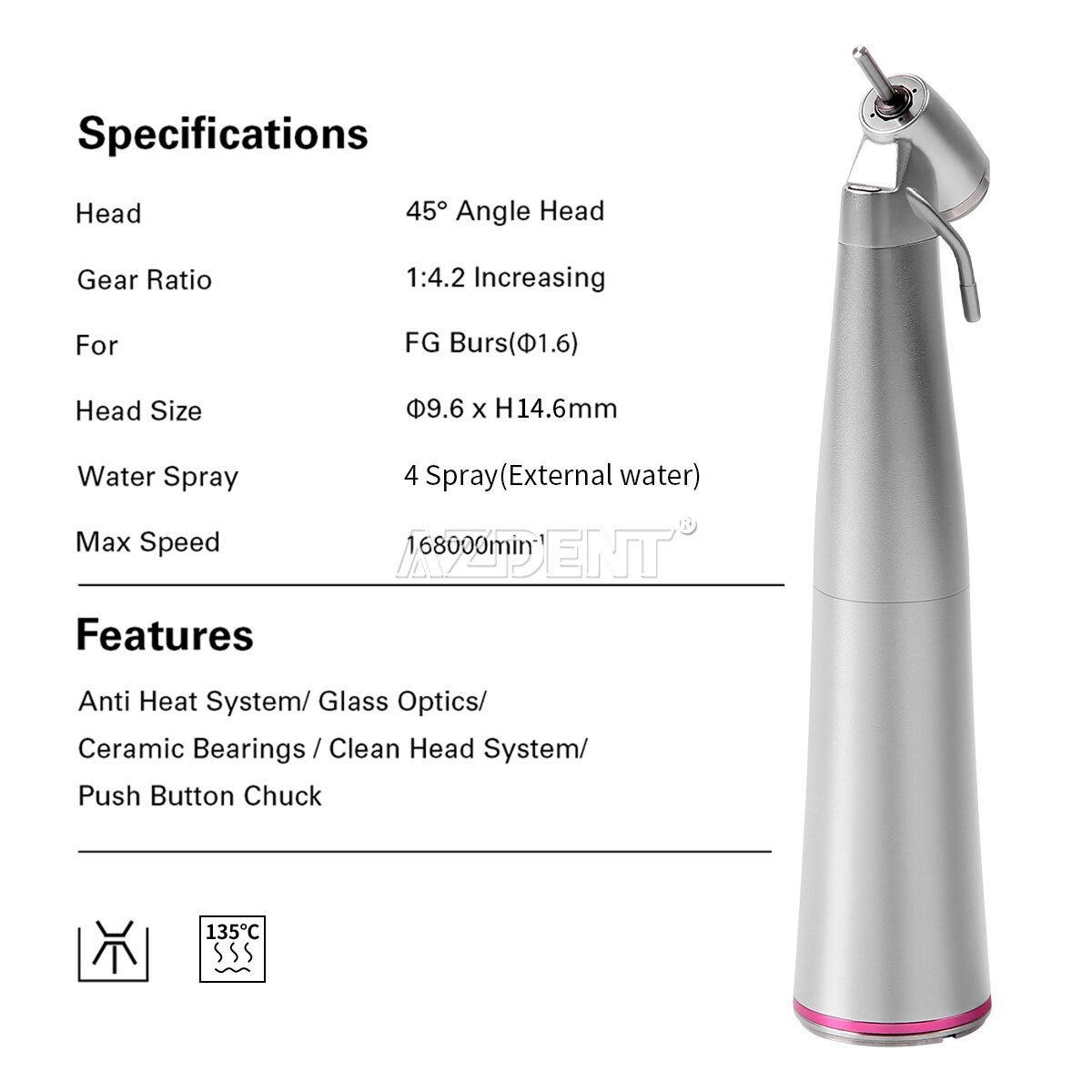 Dental 1:4.2 Increasing LED 45° Contra Angle External Spray Surgical Handpiece
