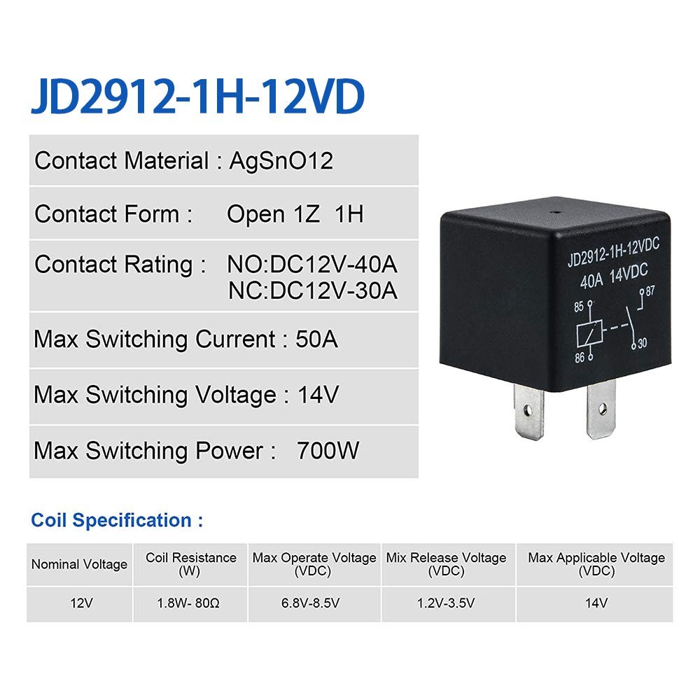 2 Pack Car Relay 4 Pin 12V 40 Amp 40A 14VDC, Car Relay Switch Auto Switches &