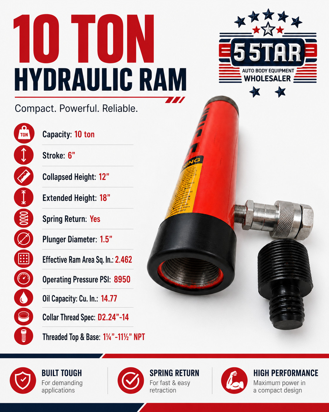 10 Ton 6″ Stroke Hydraulic Ram Single Acting