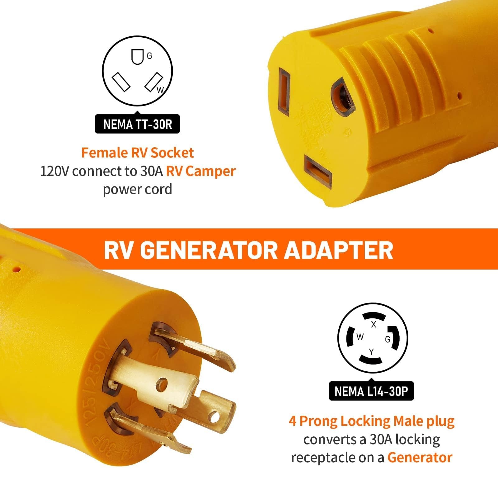 MECMO NEMA L14-30P to TT-30R 30 Amp RV Generator Adapter, 4 Prong Yellow