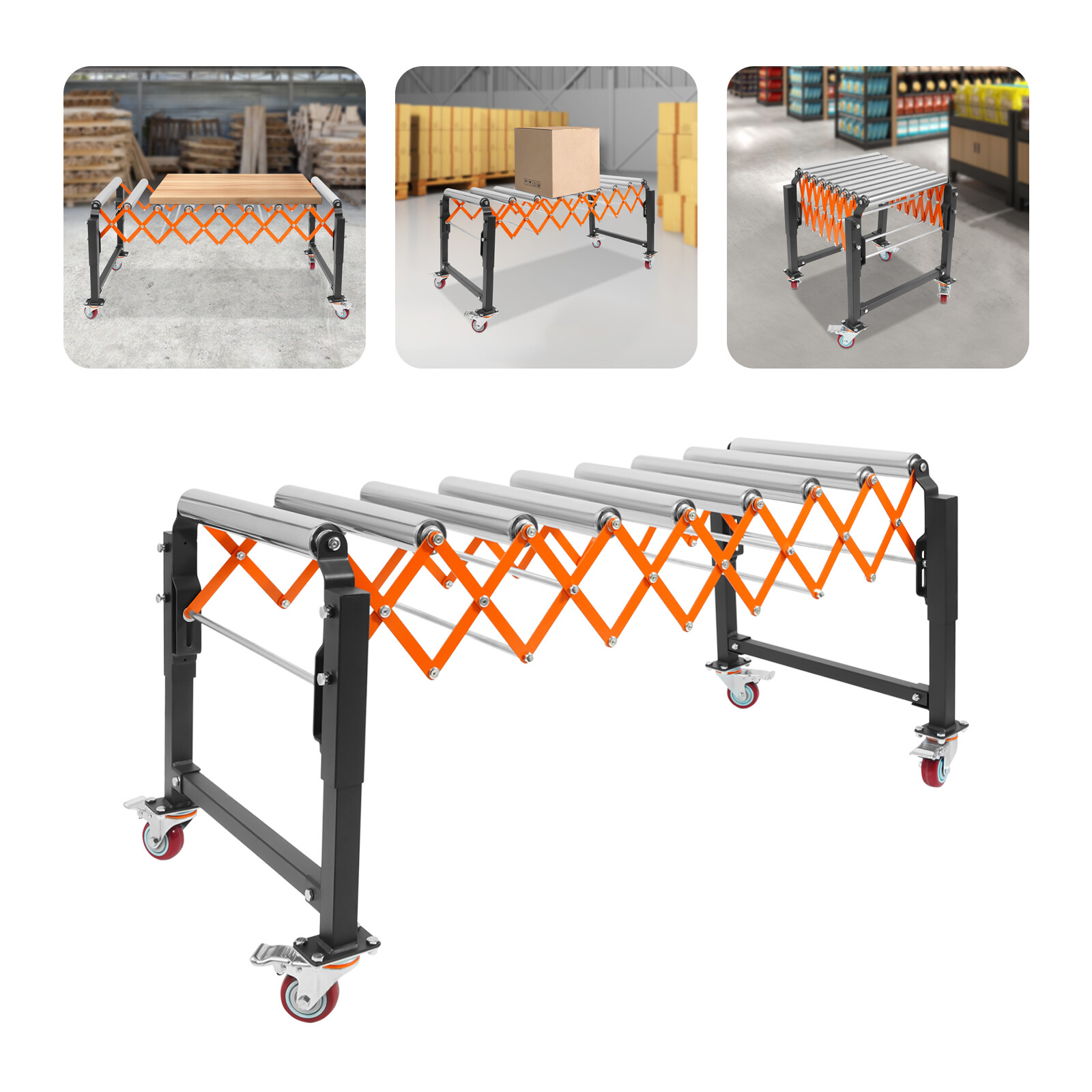 51*23*29in Silver/Black/Orange Iron&Stainless Steel Adjustable Roller Conveyor