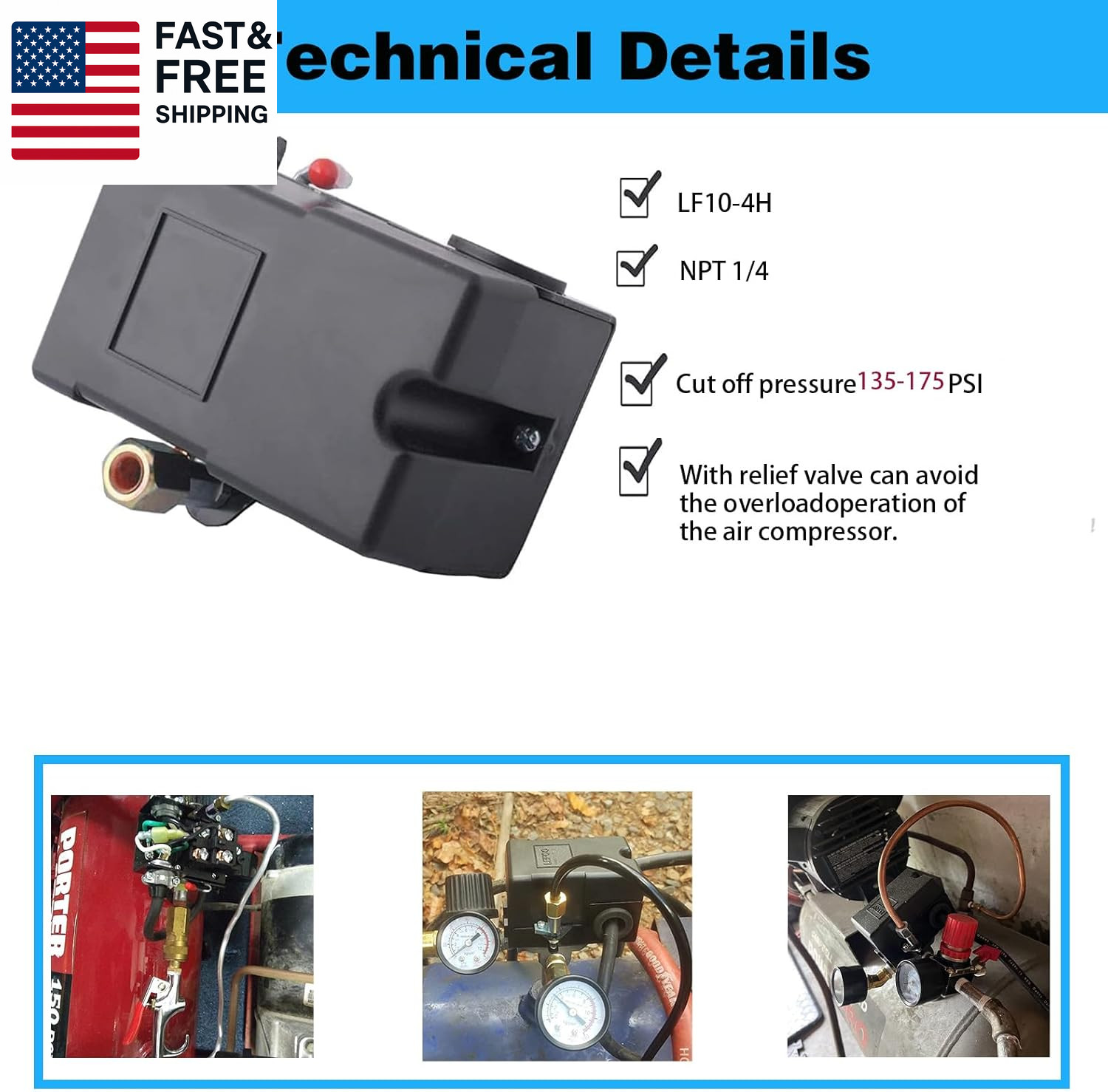 Heavy Duty Pressure Switch for Air Compressor 135-175 Psi Four 4 Port 26 Amp