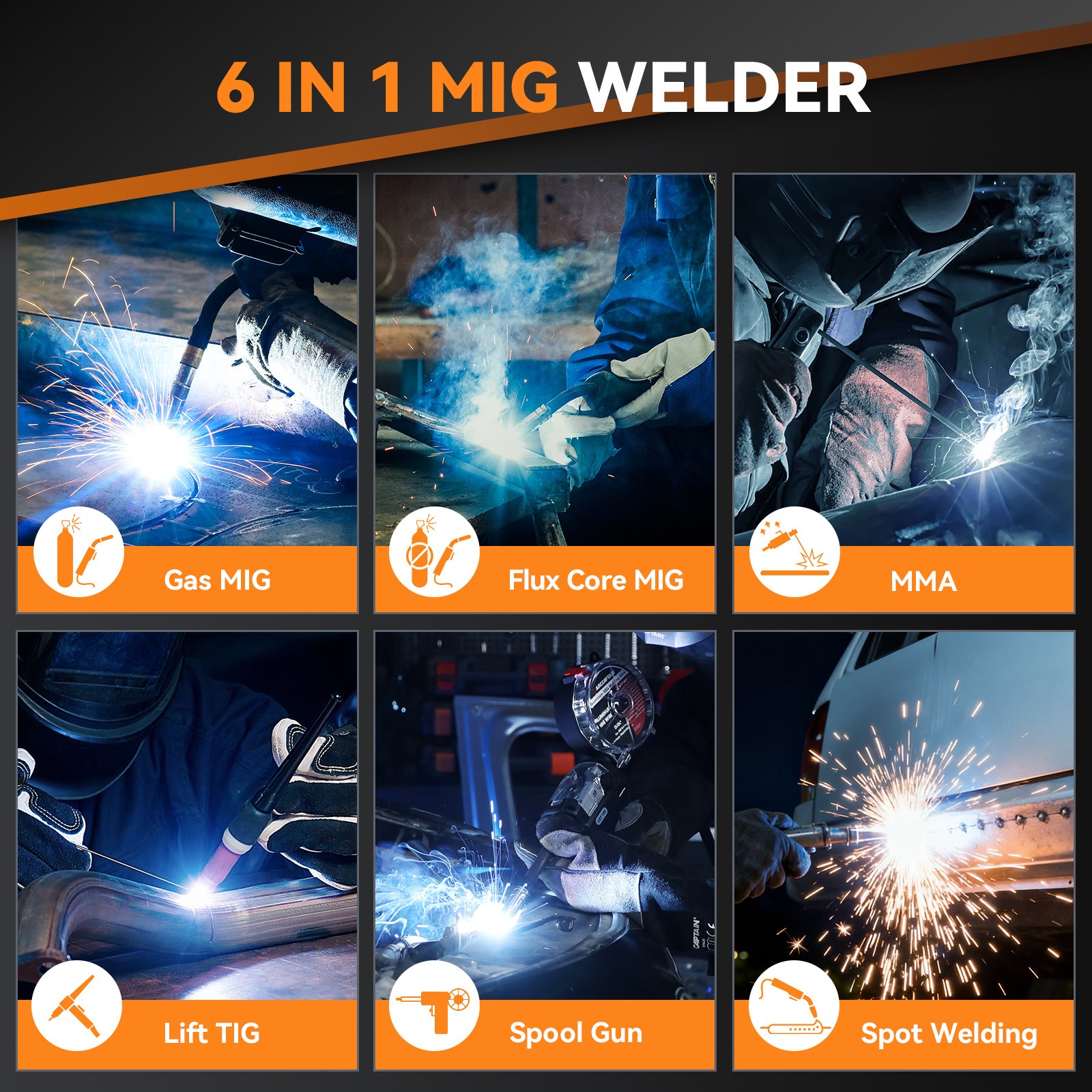 ARCCAPTAIN 200A MIG Welder 6 in 1 Welding Machine Gas/Flux/Lift TIG/MMA/Spot