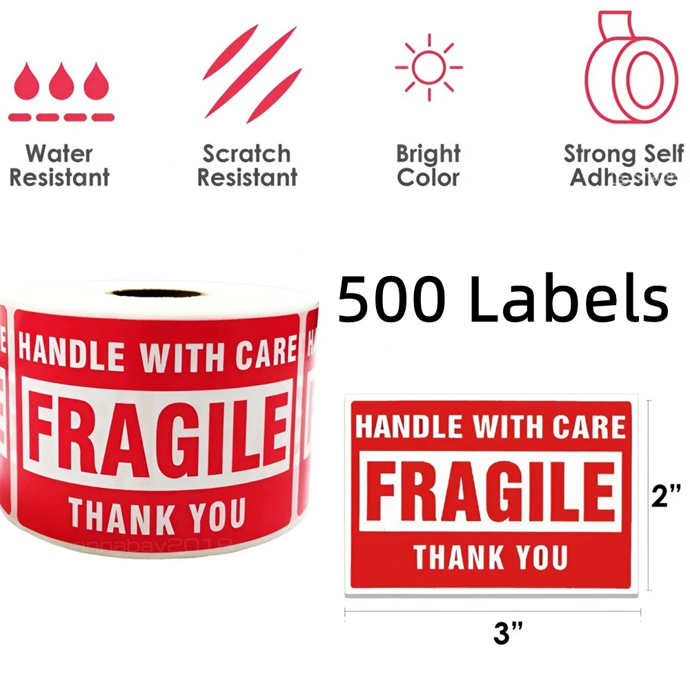 Fragile Stickers 1 Roll 500 2×3 Fragile Label Sticker Handle With Care Mailing