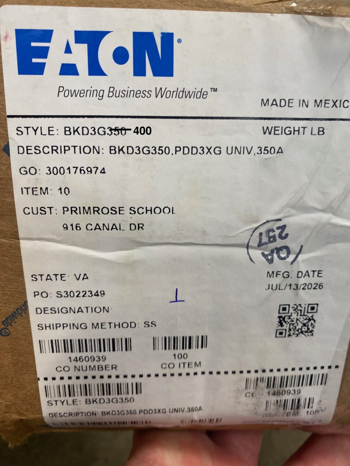 Eaton BKD3G400 PDD33G0400TFAN 3P 400 Amp 240 Volt Main Circuit Breaker Kit