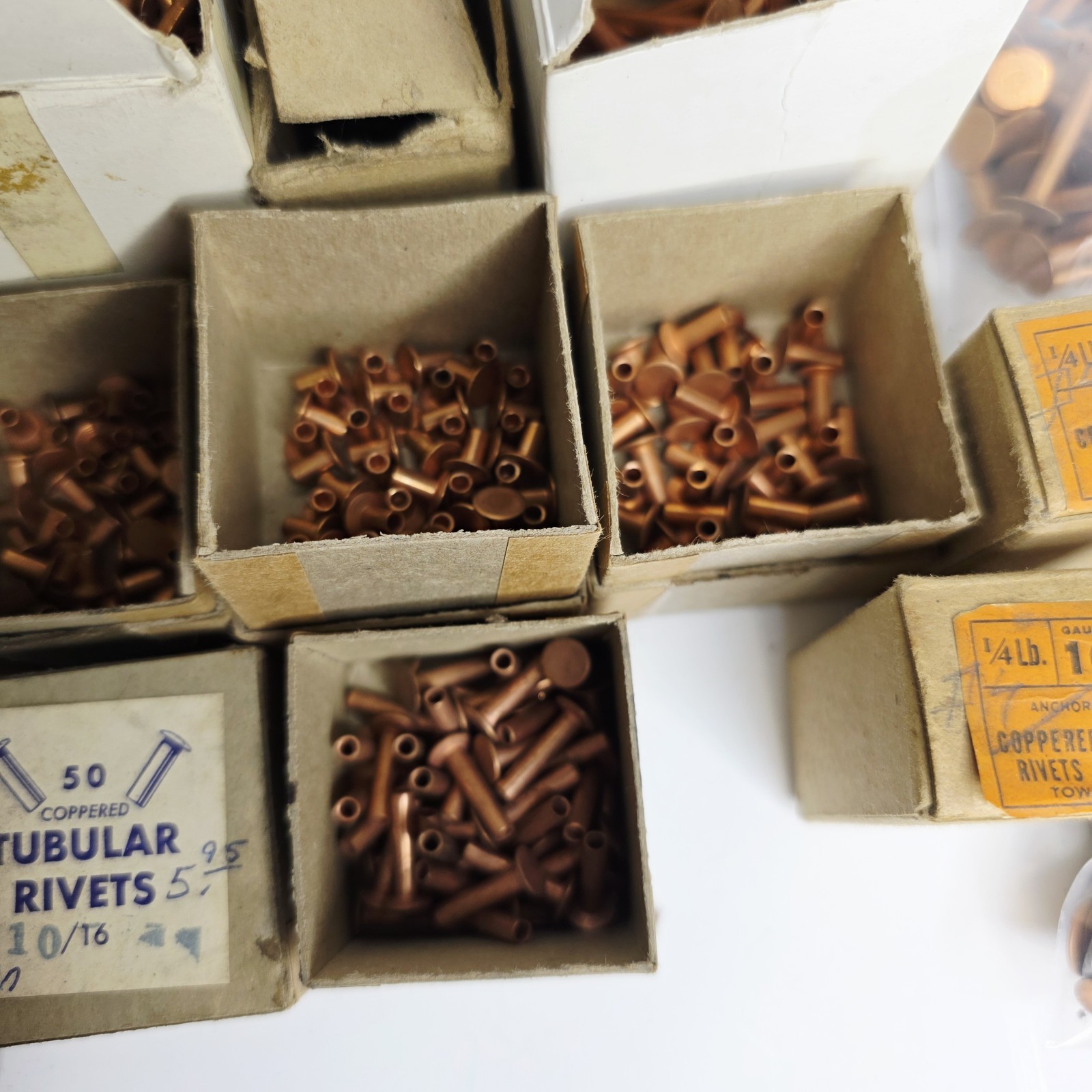 8 Pounds Vintage Copper Steel Belt Fasteners Tubular Rivets Burrs Boxes Lot Bulk
