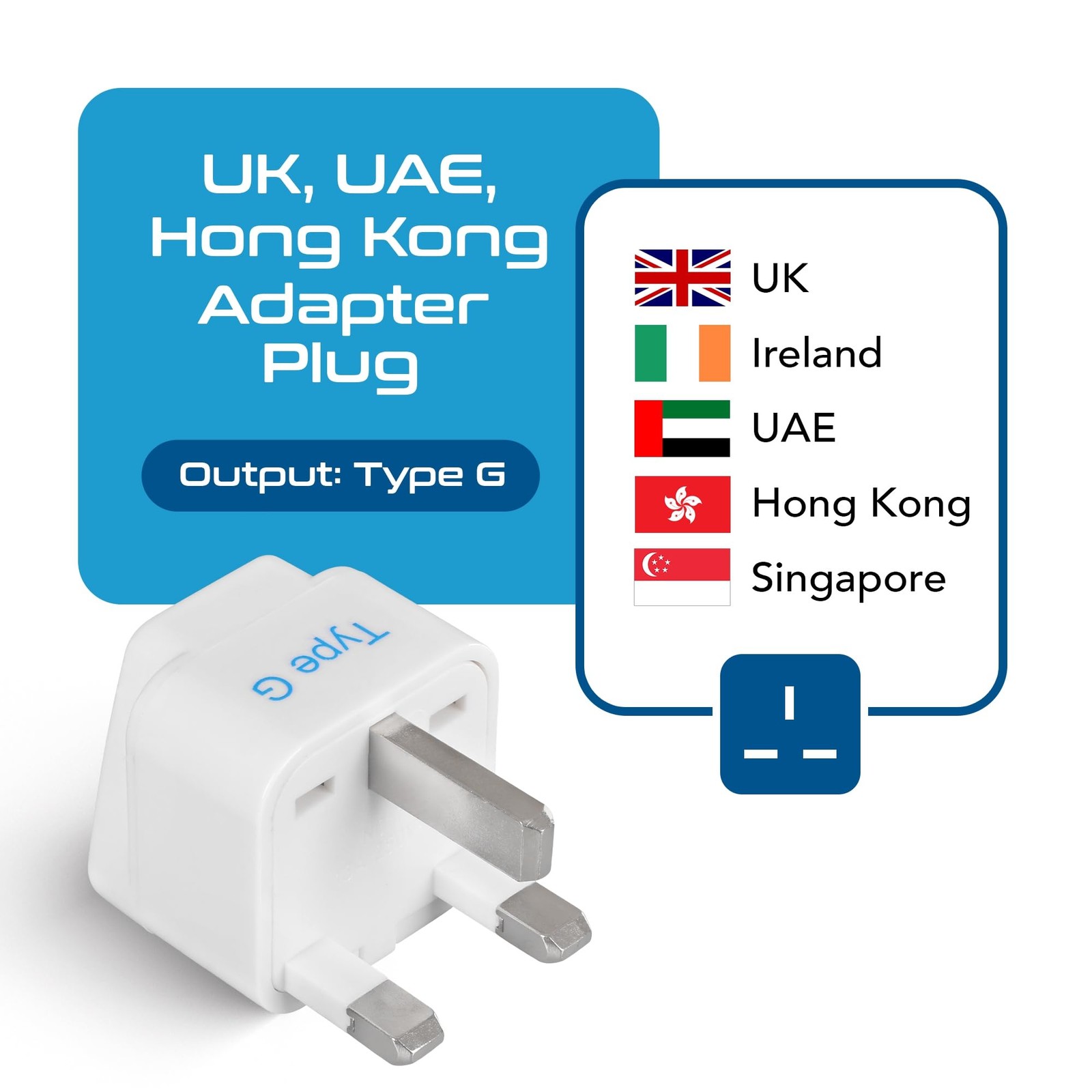 Ceptics UK, Hong Kong, Ireland, UAE Travel Plug Adapter (Type 3 Pack, White