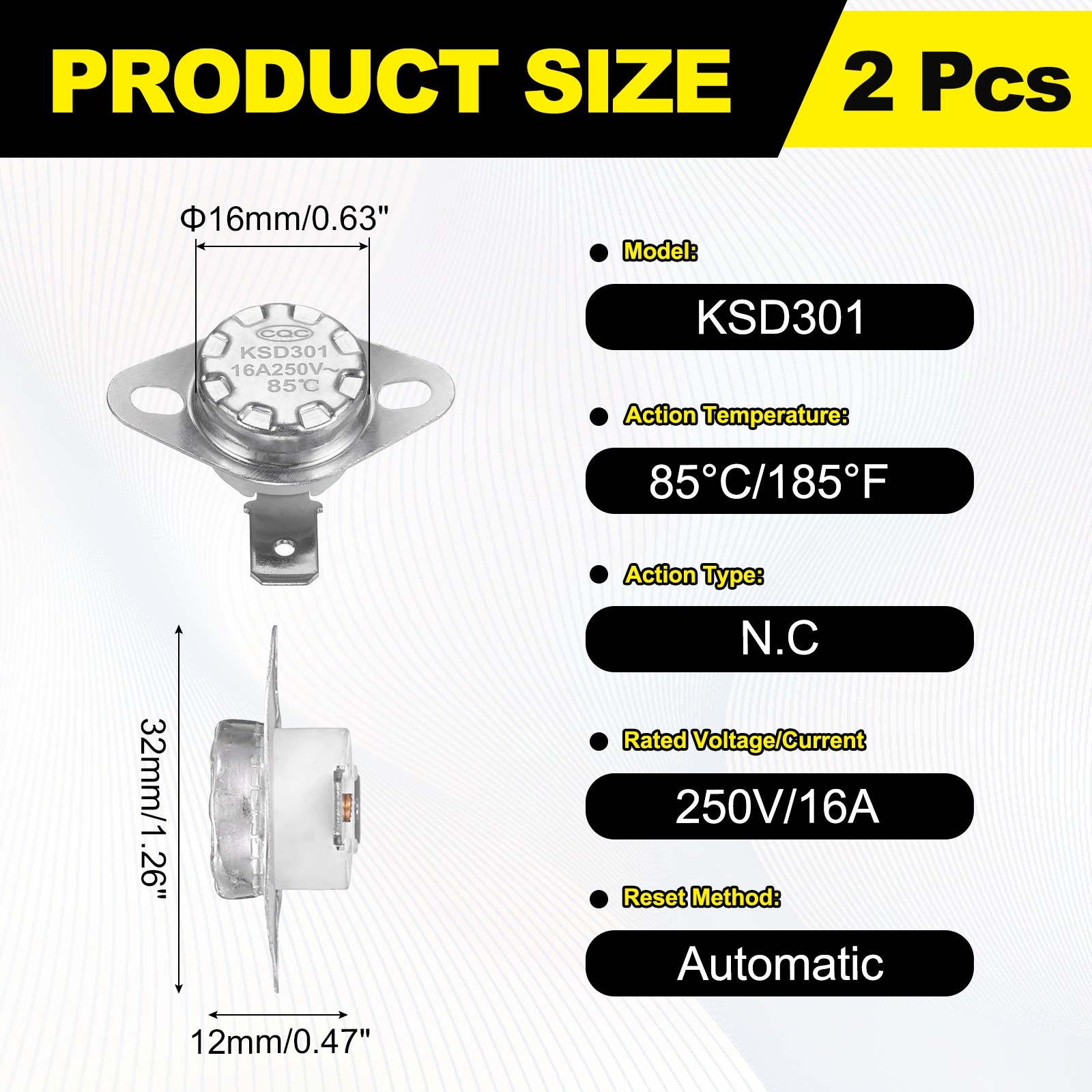 2Pcs KSD301 Thermostat 85°C/185°F 16A 250V Normally Closed N.C Switch, Ceramic