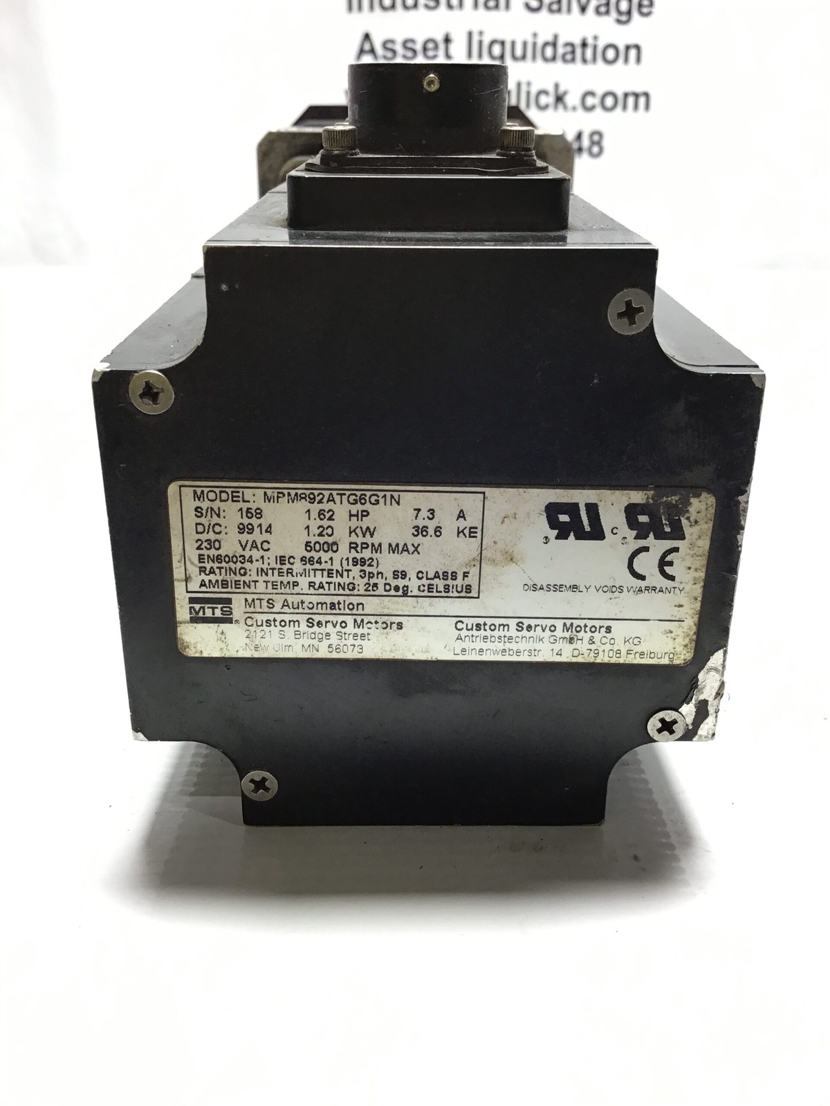 MTS Automation MPM892ATG6G1N Servo Motor 1.62HP 7.3A 1.20kW 3PH
