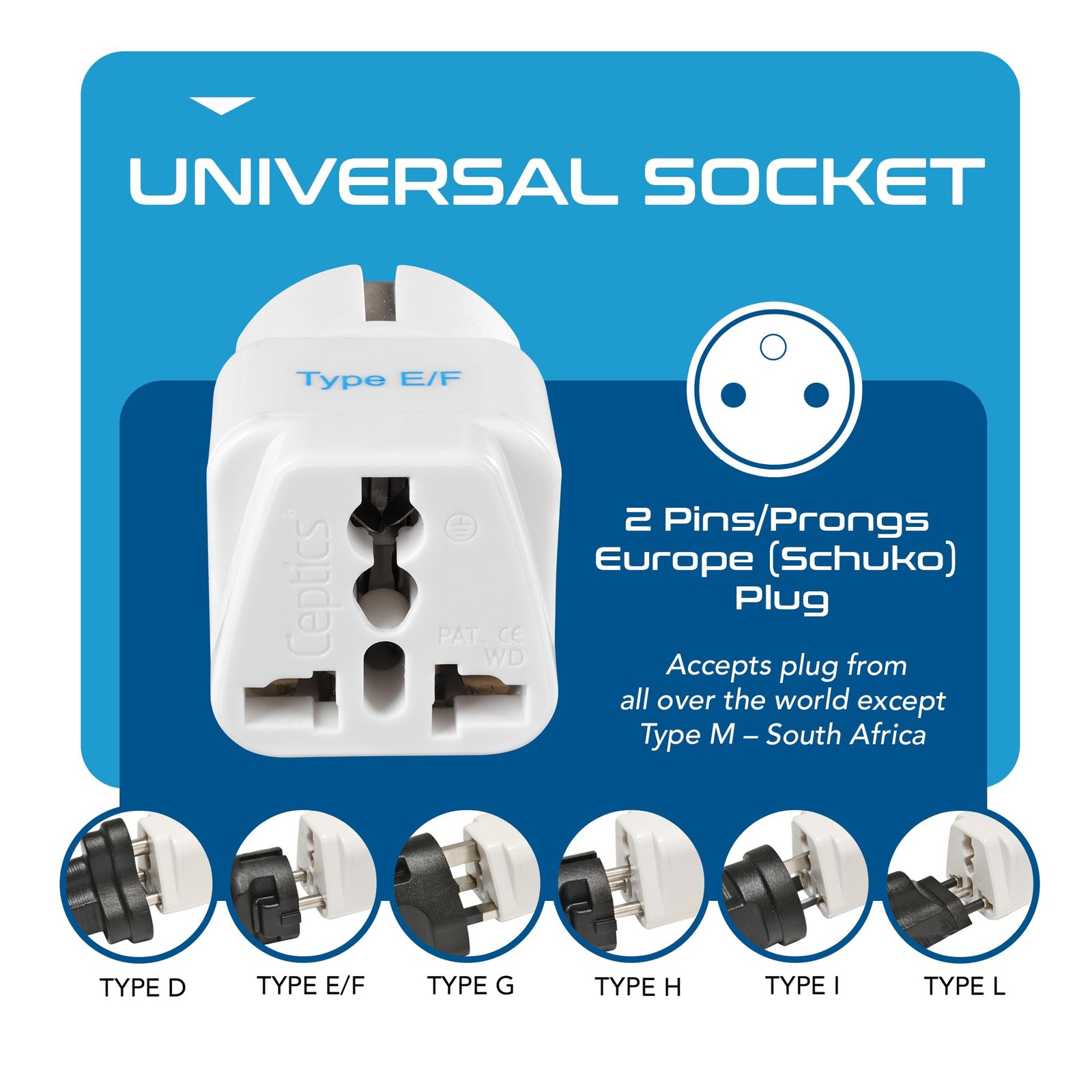 Schuko, Germany France Travel Power Adapter, Grounded European Plug Type E/F…