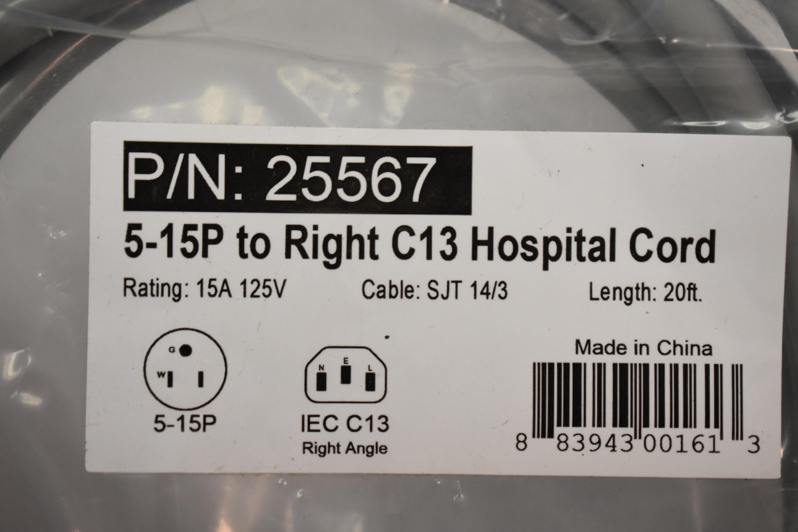 Conntek 5-15P To Right Angle IEC C13 Hospital Power Cord 20FT SJT 14/3 15A 125V