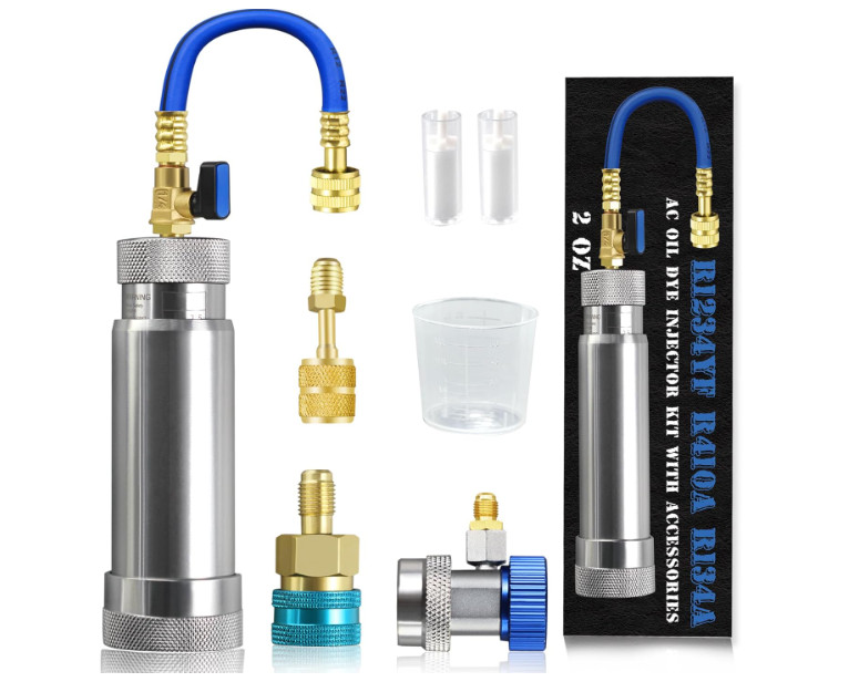 Kit inyector aceite A/C con acopladores R134A, R1234YF y adaptador R410A. Viene