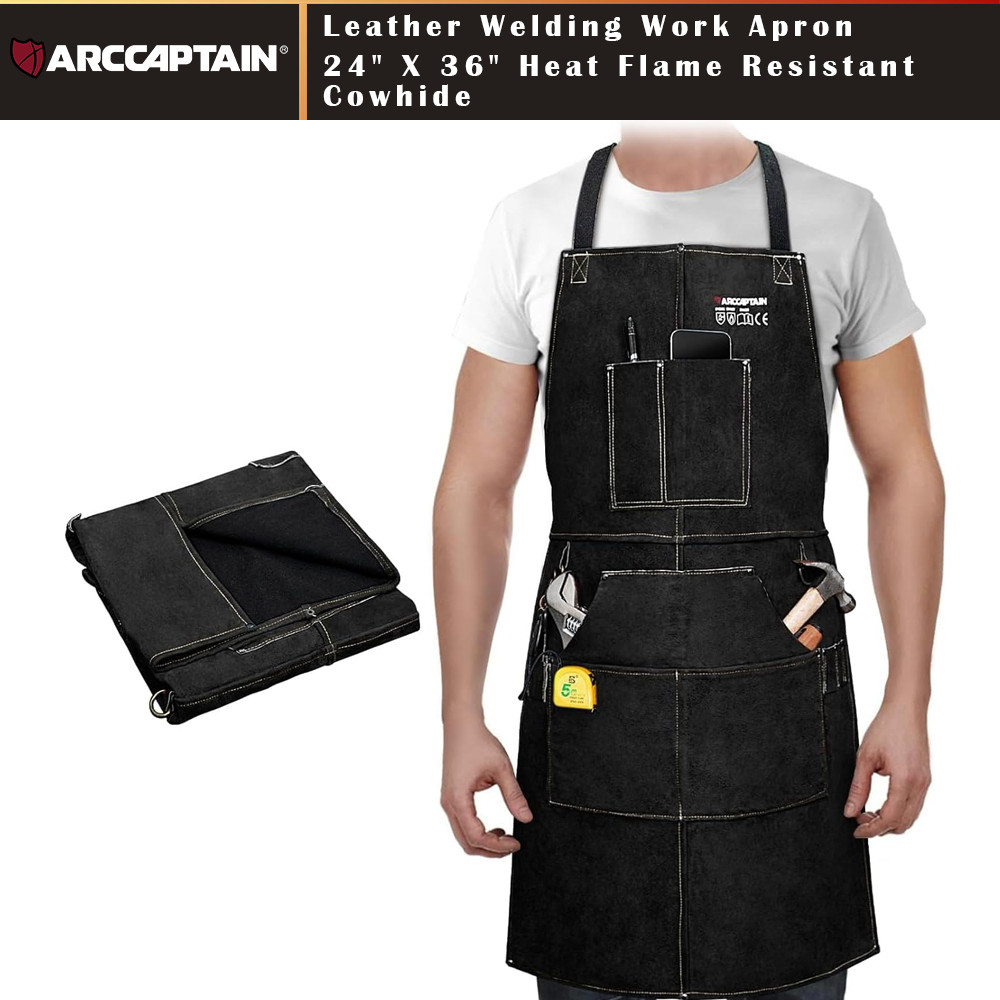 2PCS ARCCAPTAIN Leather Welding Work Apron Heat Flame Resistant Cowhide 6Pockets