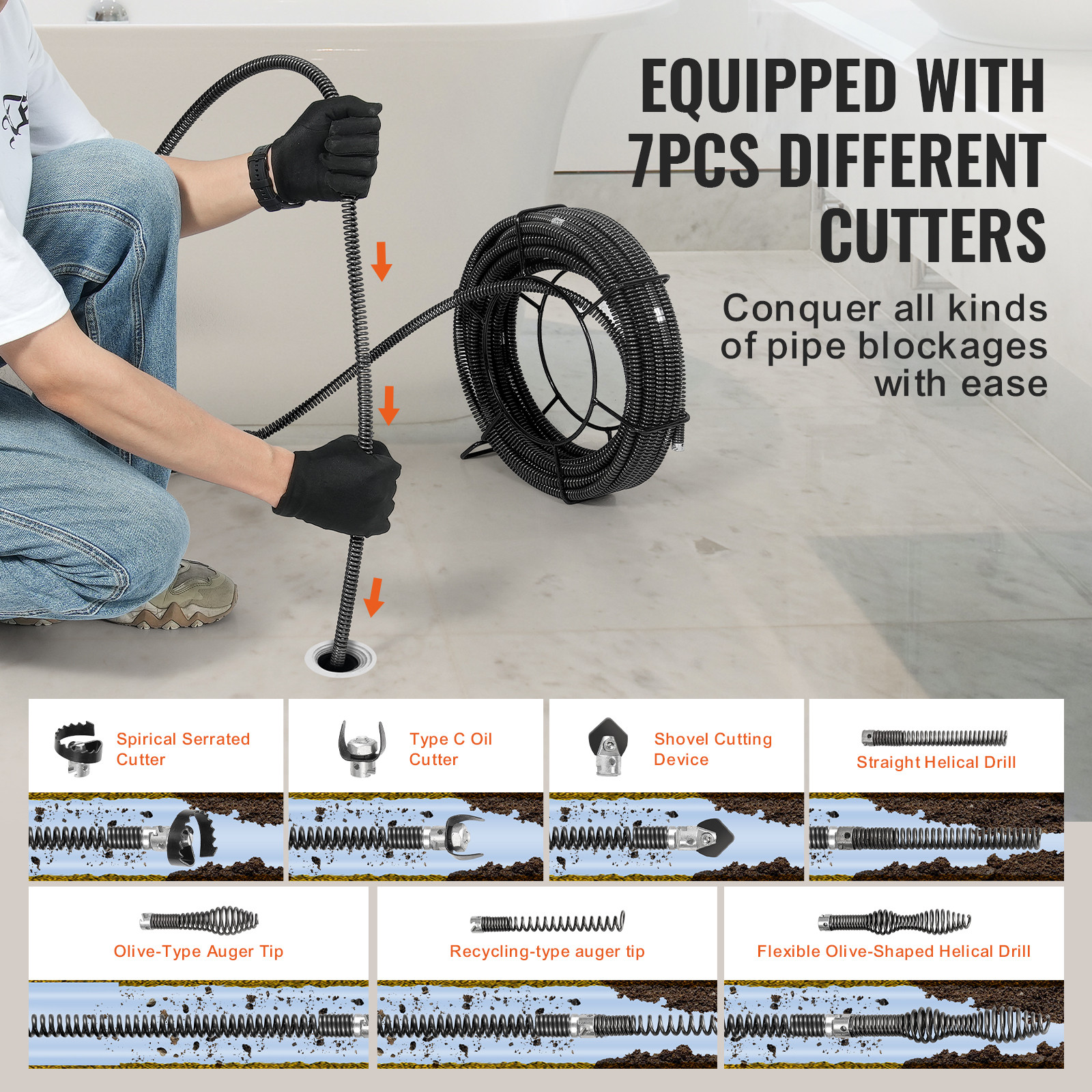 VEVOR Sectional Drain Cleaning Cable 100FTx5/8In & 7 Cutters for 0.8″-3.9″ Pipes