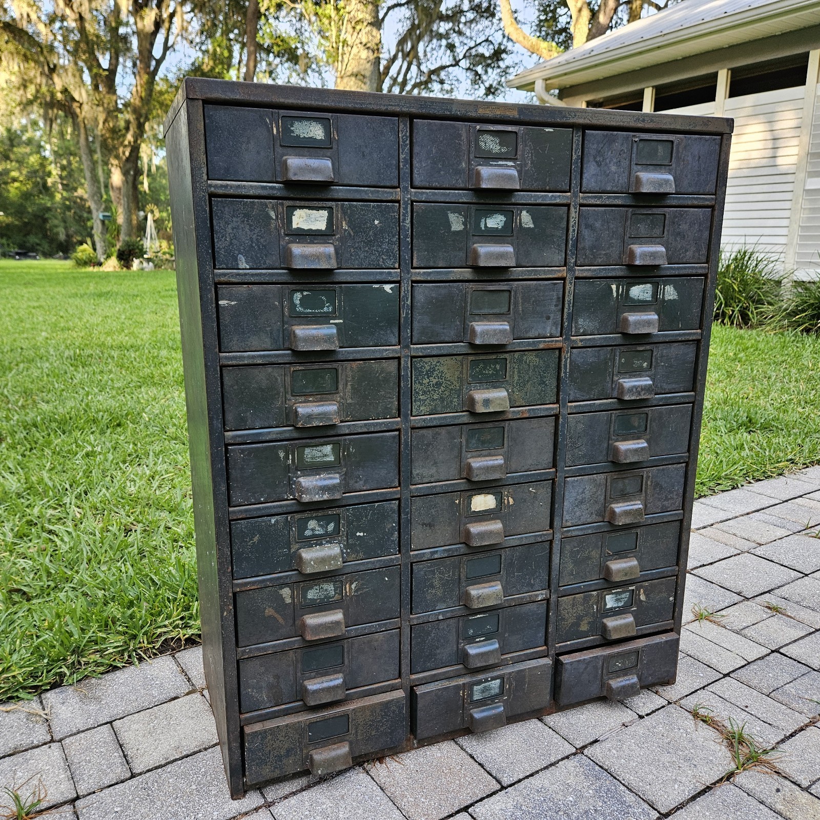 Vintage Hobart Industrial Steel Metal Parts Cabinet Machinist 27-Drawer Green