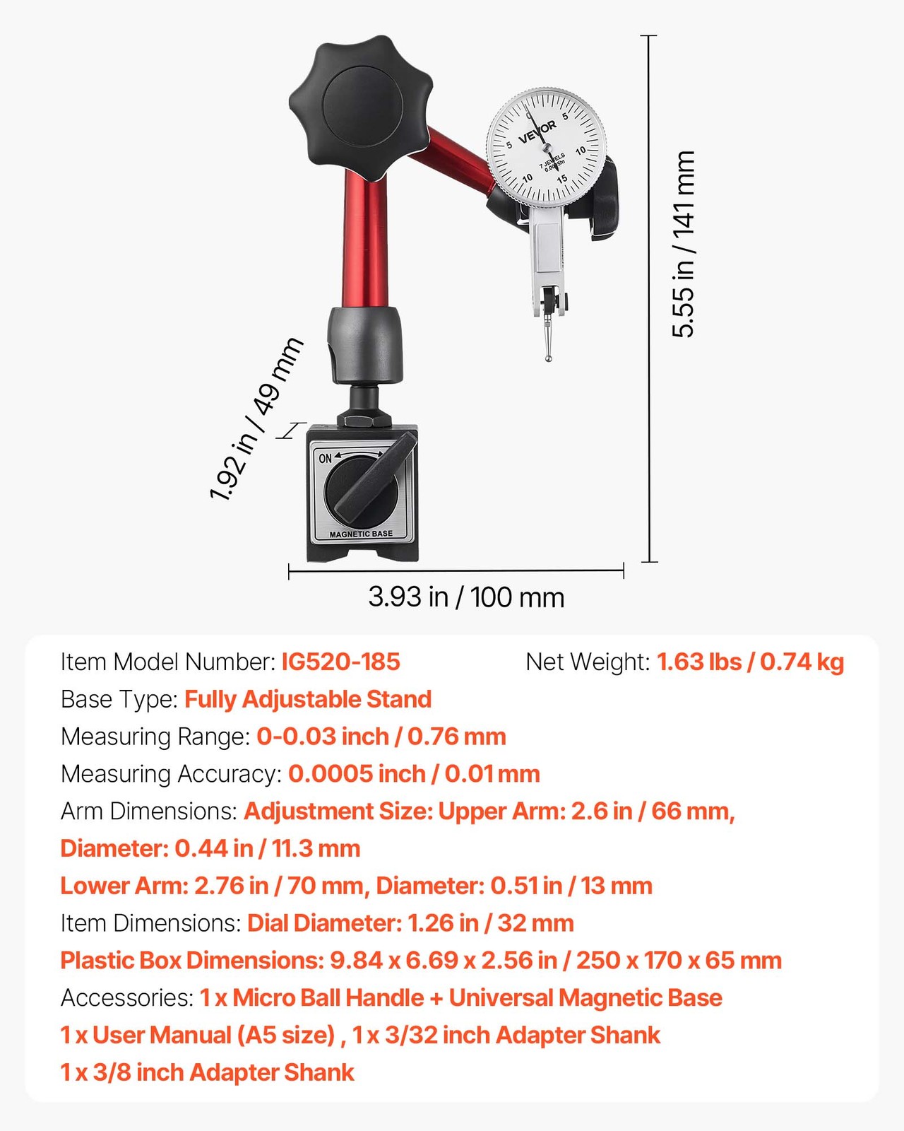 VEVOR Dial Test Indicator Universal Magnetic Base 0.0005 Accuracy 0-0.03 Range
