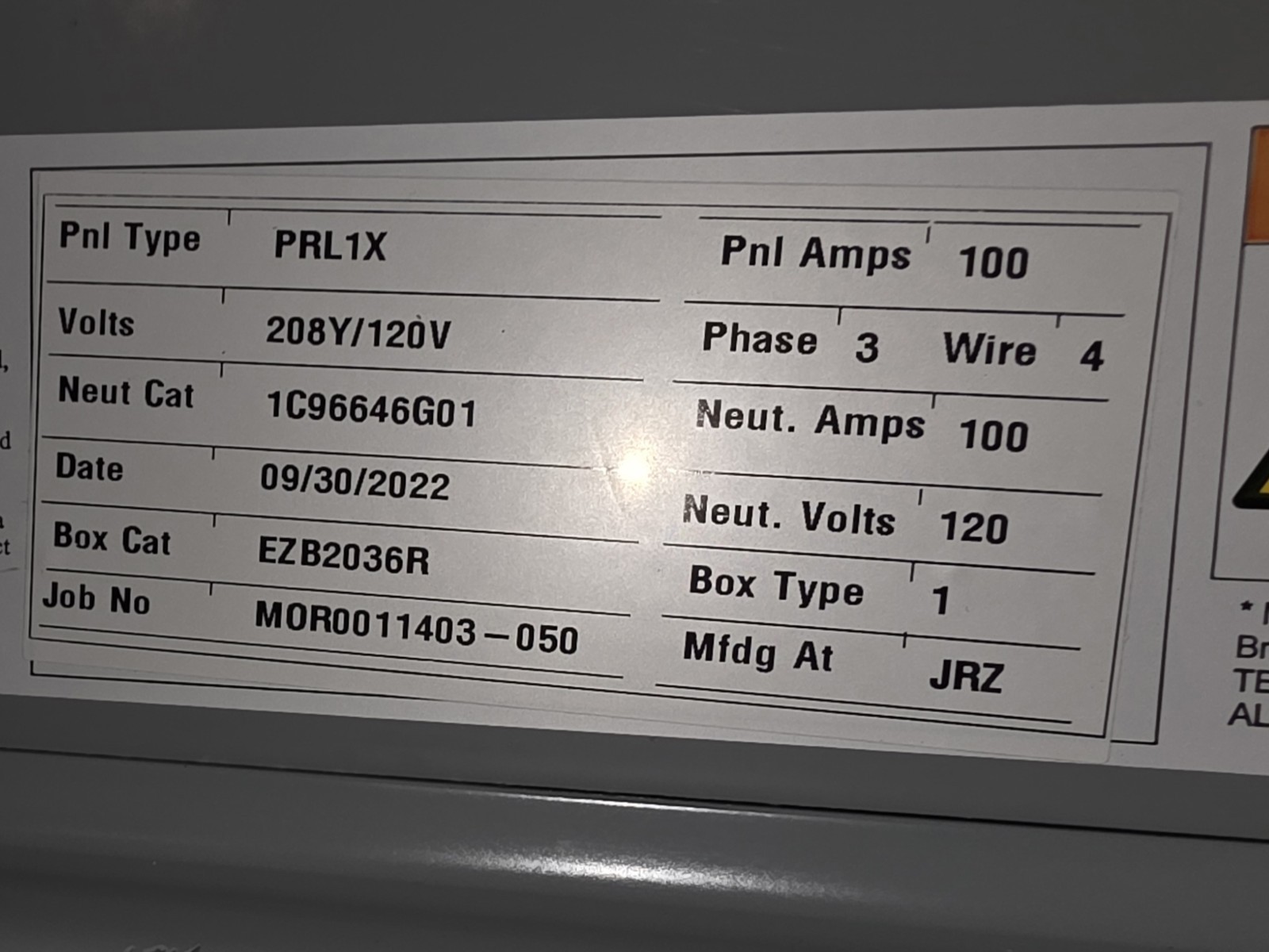 Eaton PRL1X Panelboard Interior 100 Amp 120/208V 3PH 4W 30 Space BA Breakers