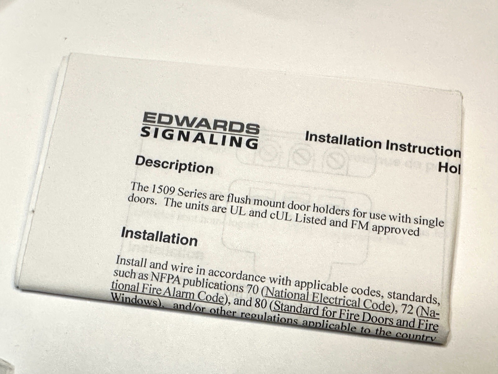 Edwards 1509-AQN5 Electromagnetic Fire Door Holder 120VAC 24VAC/DC Flush Mount