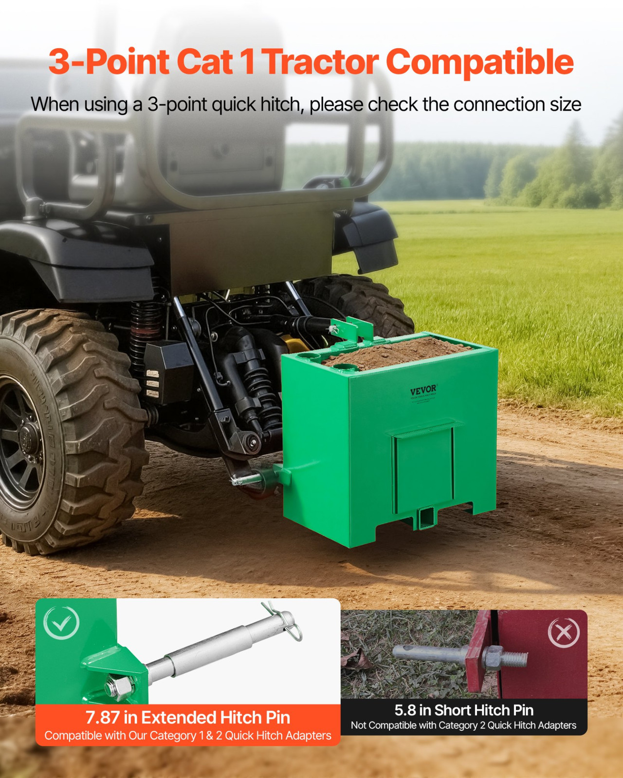 3 Point Tractor Ballast Box 800lb Cat 1 Hitch Receiver Green
