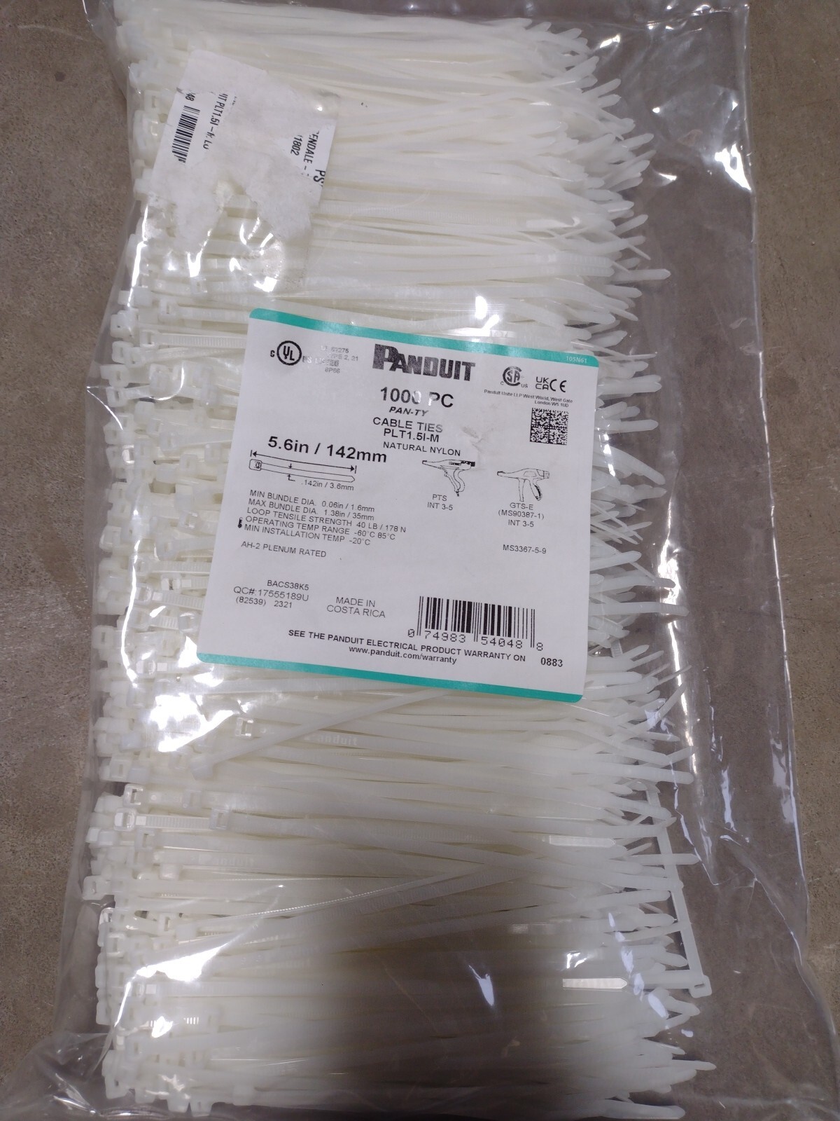 Panduit PLT1.5I-M Cable Ties Pan-Ty 5.6″ 142mm 40LB Natural Nylon Qty 1000 NEW