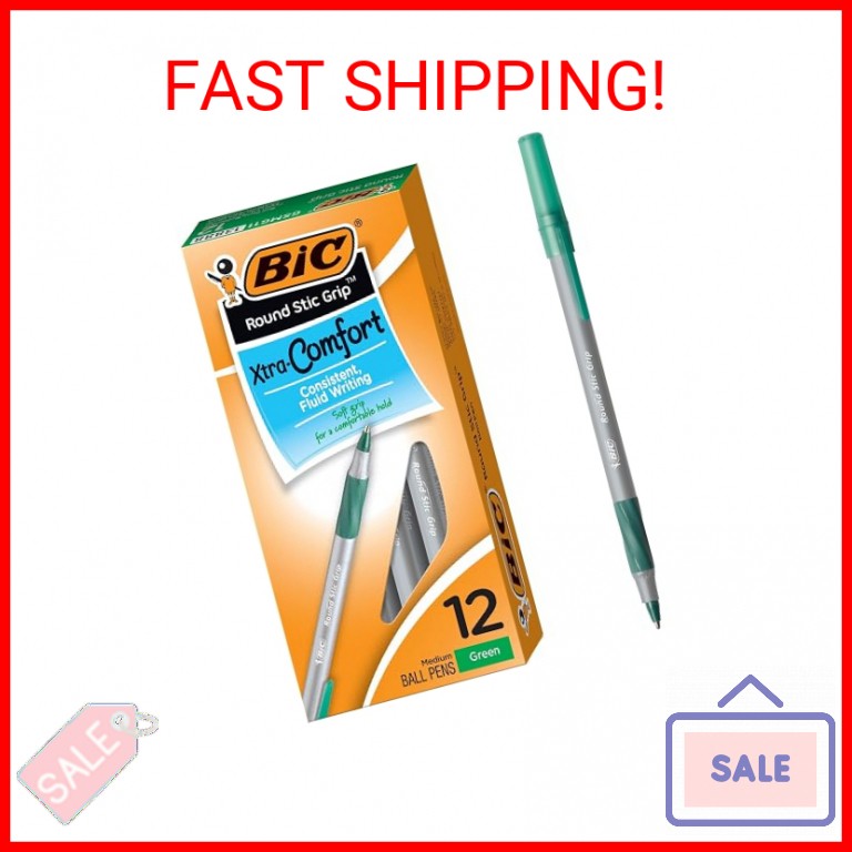 BIC Round Stic® Grip™ Xtra-Comfort Medium Ball Point Pen; Green; 12 Pack