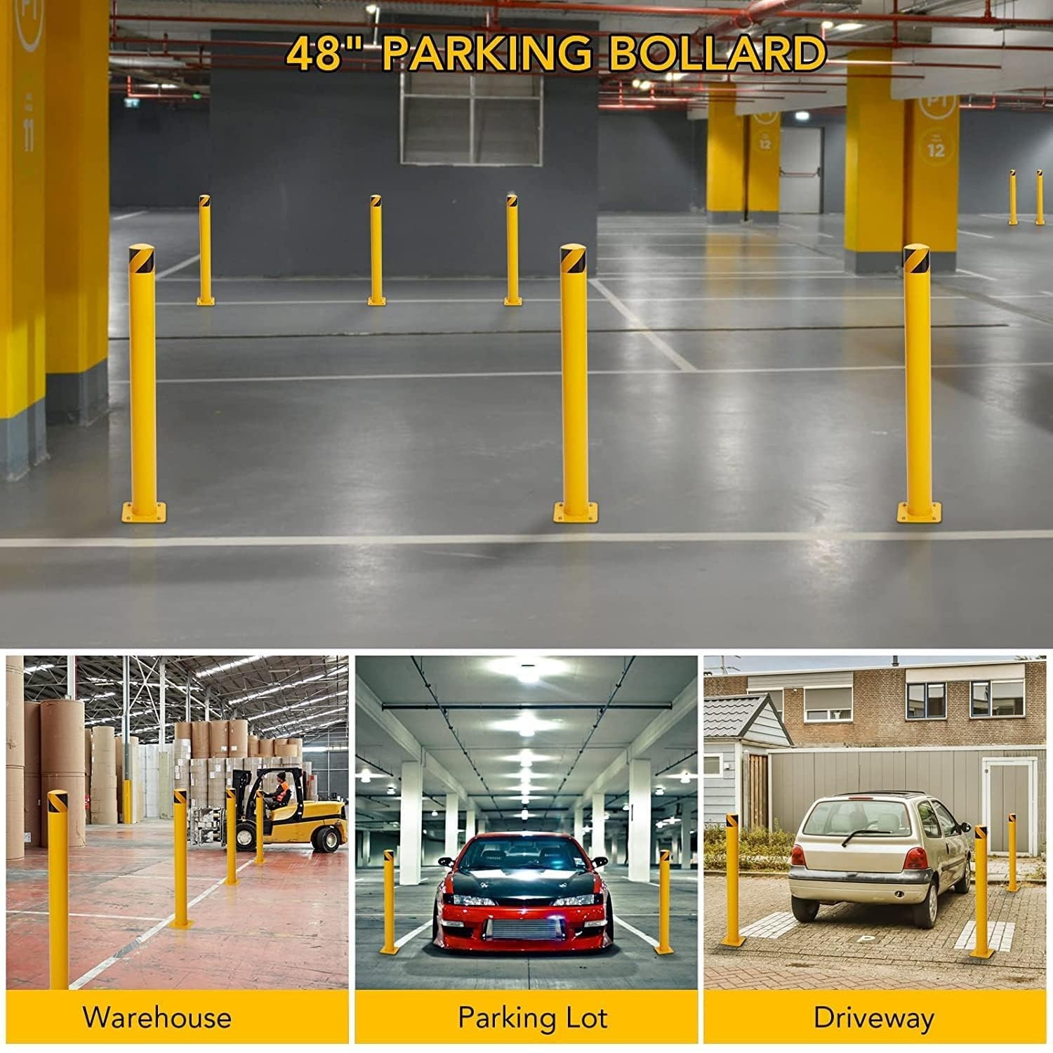 6-Pack 48 Inch Steel Safety Bollards, 4.5 Inch Diameter Parking Bollard Post