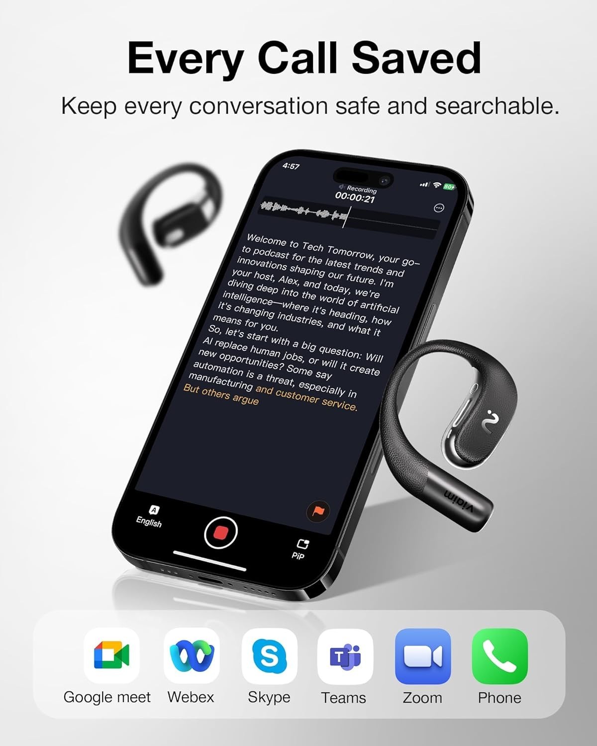 VIAIM OpenNote AI Recorder – Open Ear Earbuds with FlashRecord, Black