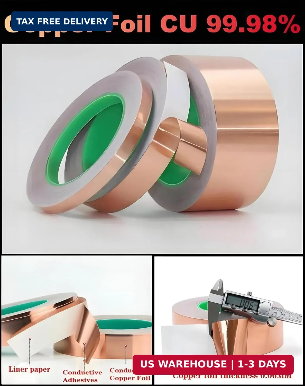 Conductive Copper Foil Tape 1/2inch X 50Feet Flashing Metal Adhesive Tape for EM