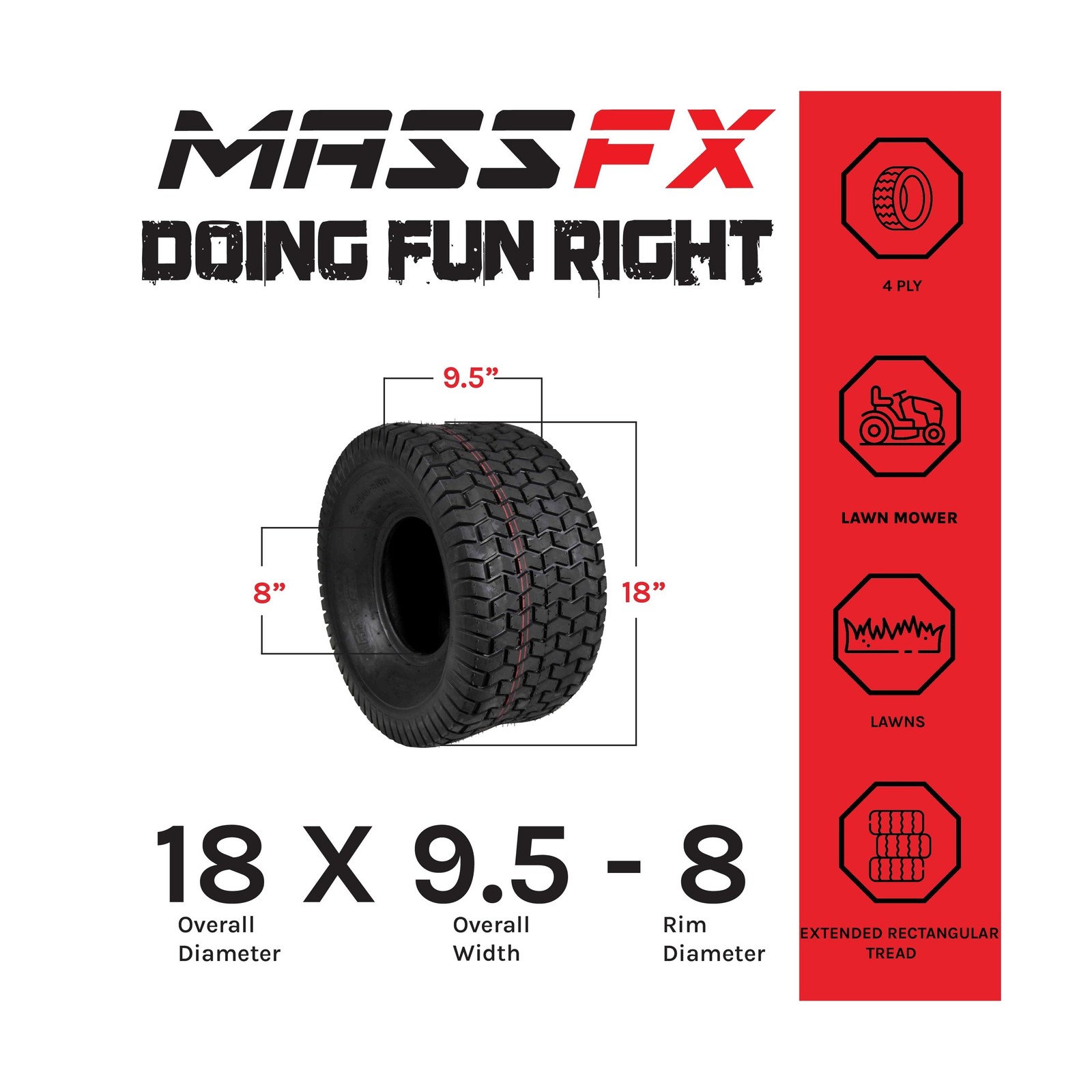 MASSFX 18×9.50-8 front or rear Turf Tires for golf carts and lawn mowers, 4-P…