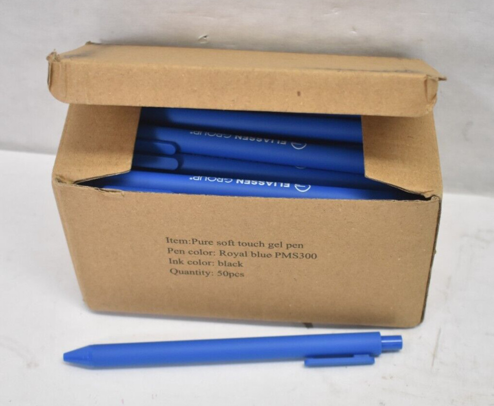 Lot of 50 Pure Soft Touch Gel Pens Black Ink w Royal Blue Handle PMS300 BRANDED
