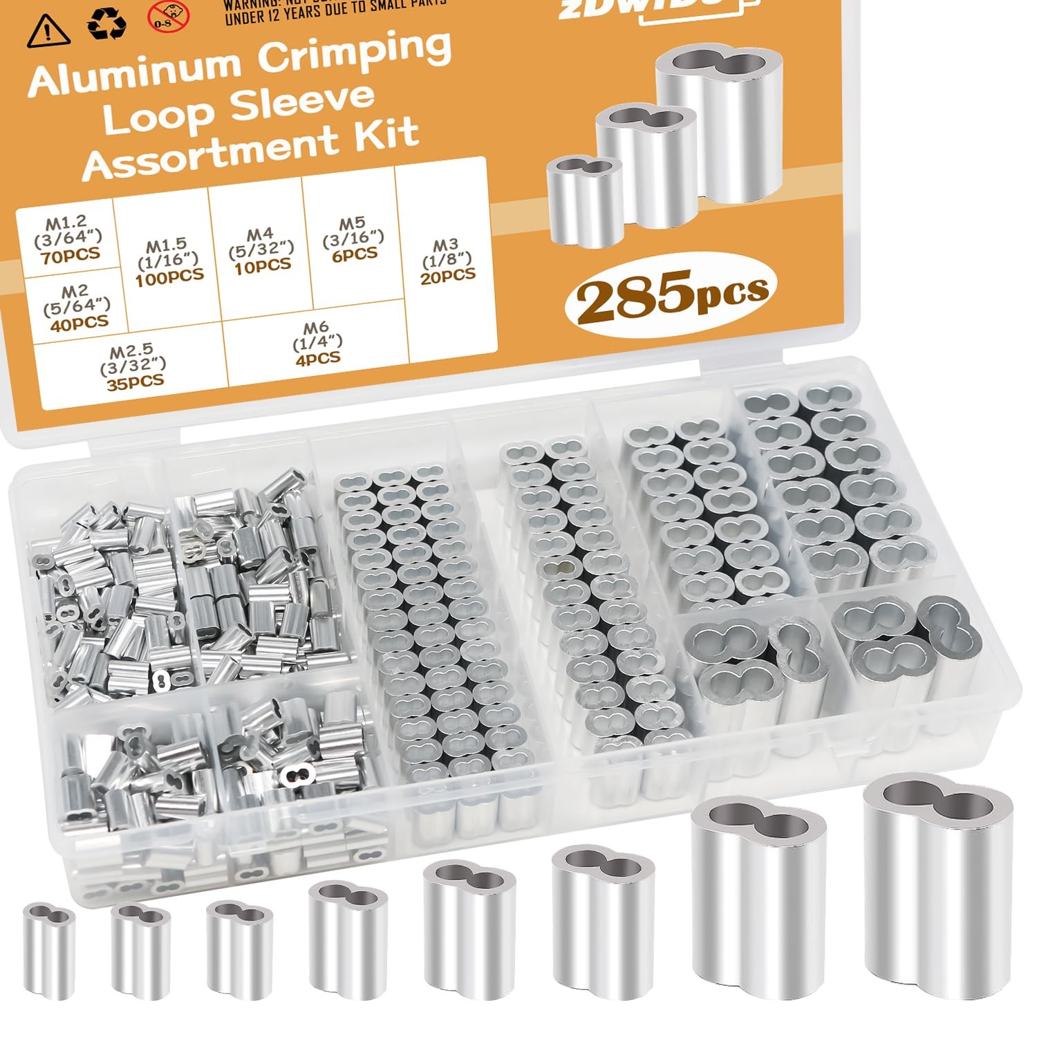 zDwfDc 285PCS 8 Sizes Aluminum Crimping Loop Sleeve Cable Crimps, 3/64” 1/16…