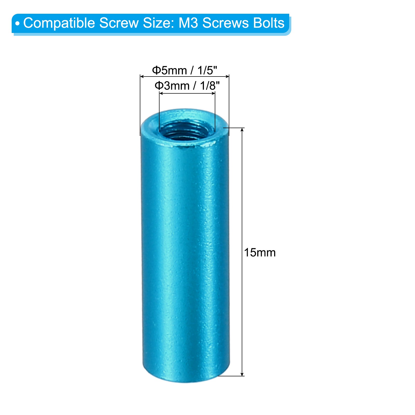 6pcs M3 Aluminum Spacers,M3 Metal Spacer 3mm ID x 5mm OD x 15mm L Threaded,Blue