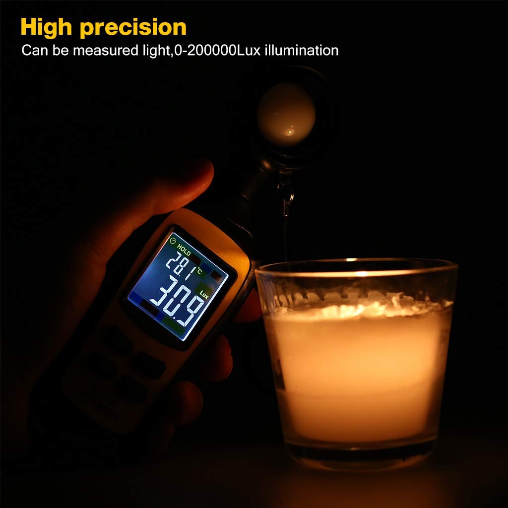 Digital Light Meter Luxmeter, 200,000 Lux Range, 4-Digit LCD, Temp Sensor