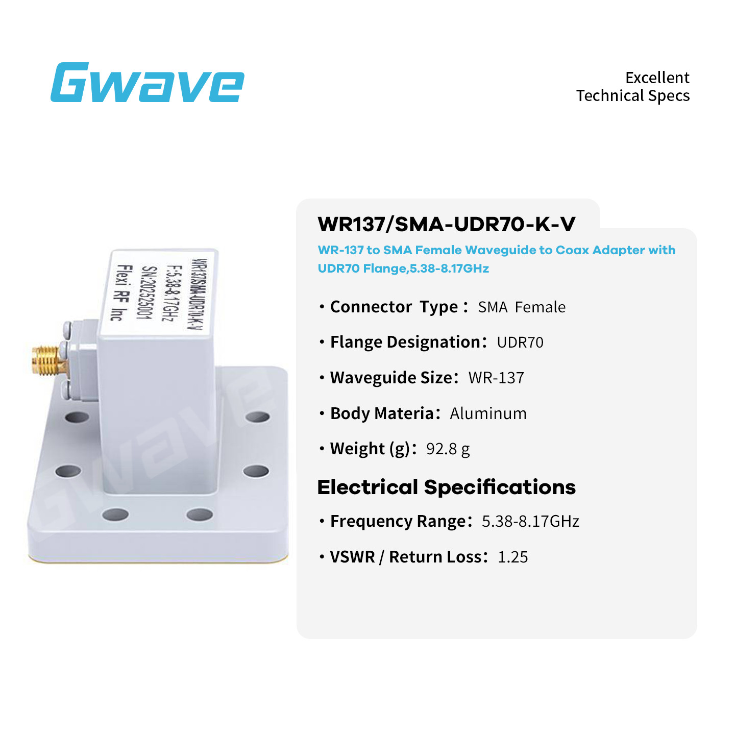 WR-137 to SMA Female Waveguide to Coax Adapters with UDR70 Flange, 5.38 – 8.17G