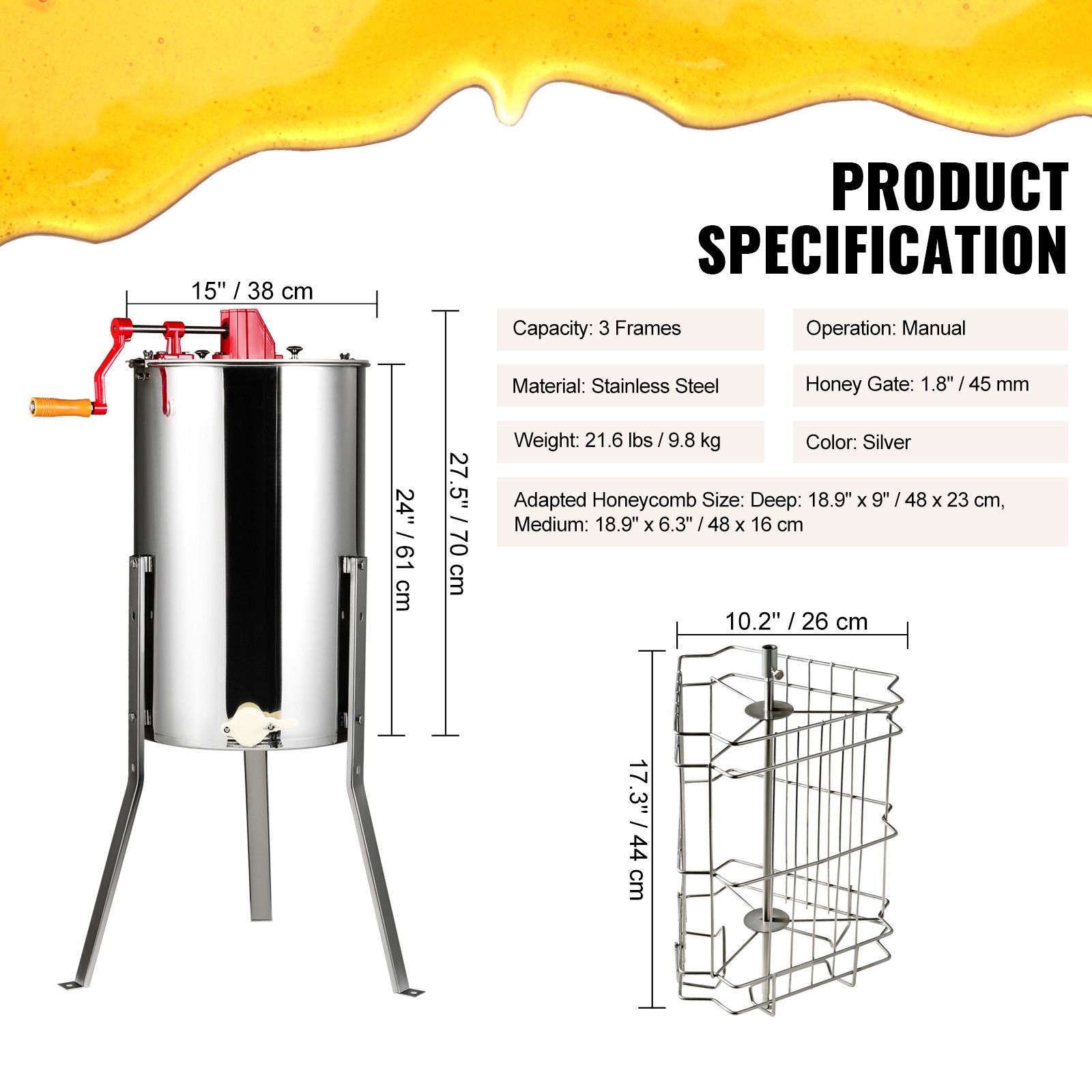 VEVOR Manual Honey Extractor Beekeeping Equipment 3 Frames Stainless Steel
